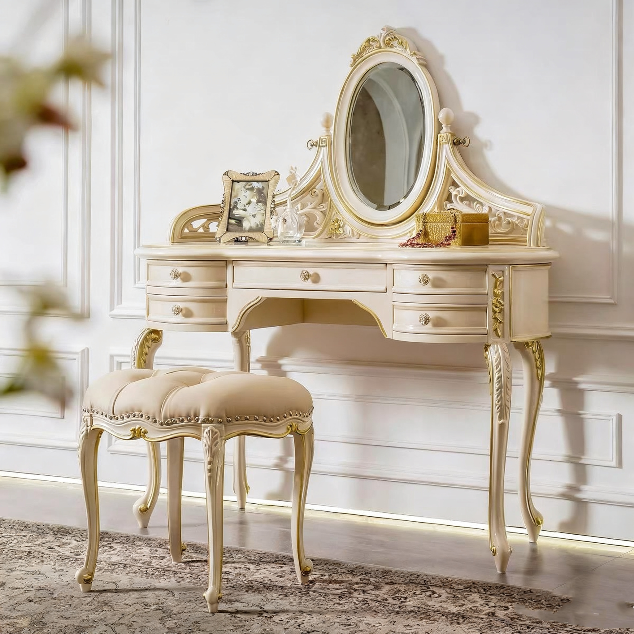 vintage dressing table Makeup Vanity Set with Mirror & Cushioned Stool, with 4 Drawers, European Style Vanity Desk for Bedroom (Color : White+Gold, Size : 80x47x147cm) : Home & Kitchen with rich and varied patterns Royal Elegant French Provincial Dressing