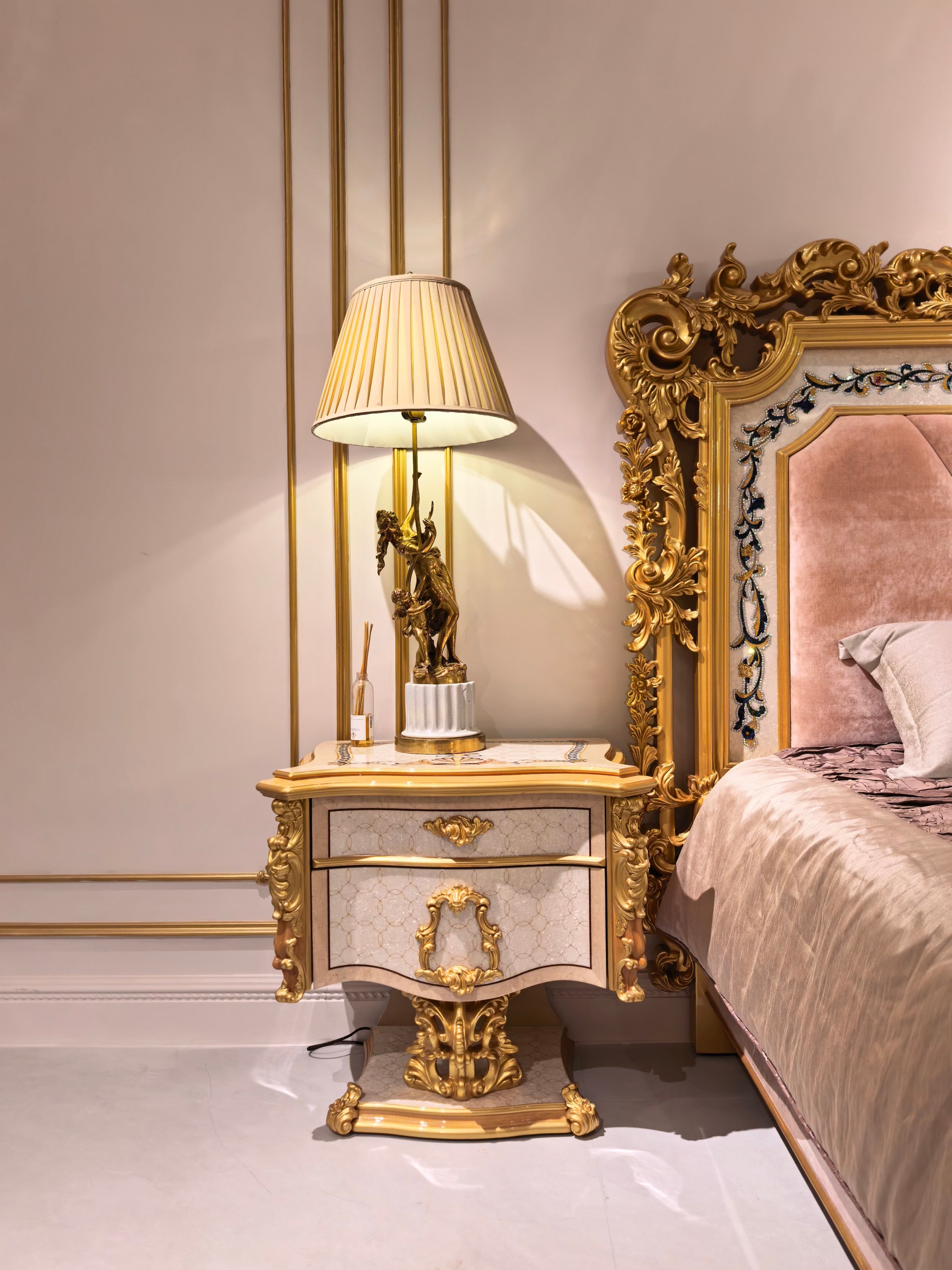 Aurélie French Imperial bedside table, hand-carved European beechwood with traditional gold gilt finish - GrandLiving Luxe