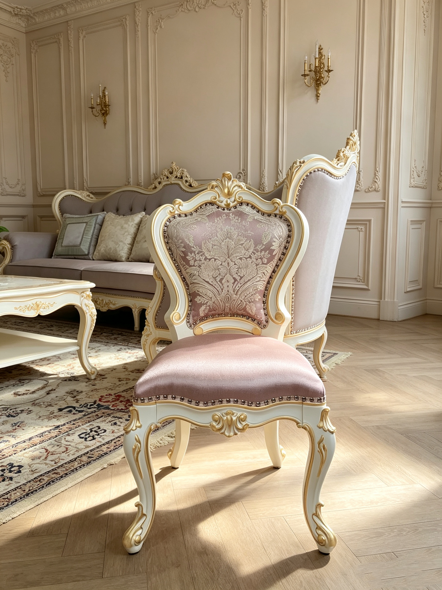 Amber Grace French Provincial Gold Leaf Solid Wood Handcrafted Dressing Table & Stool | GrandLiving Luxe 3