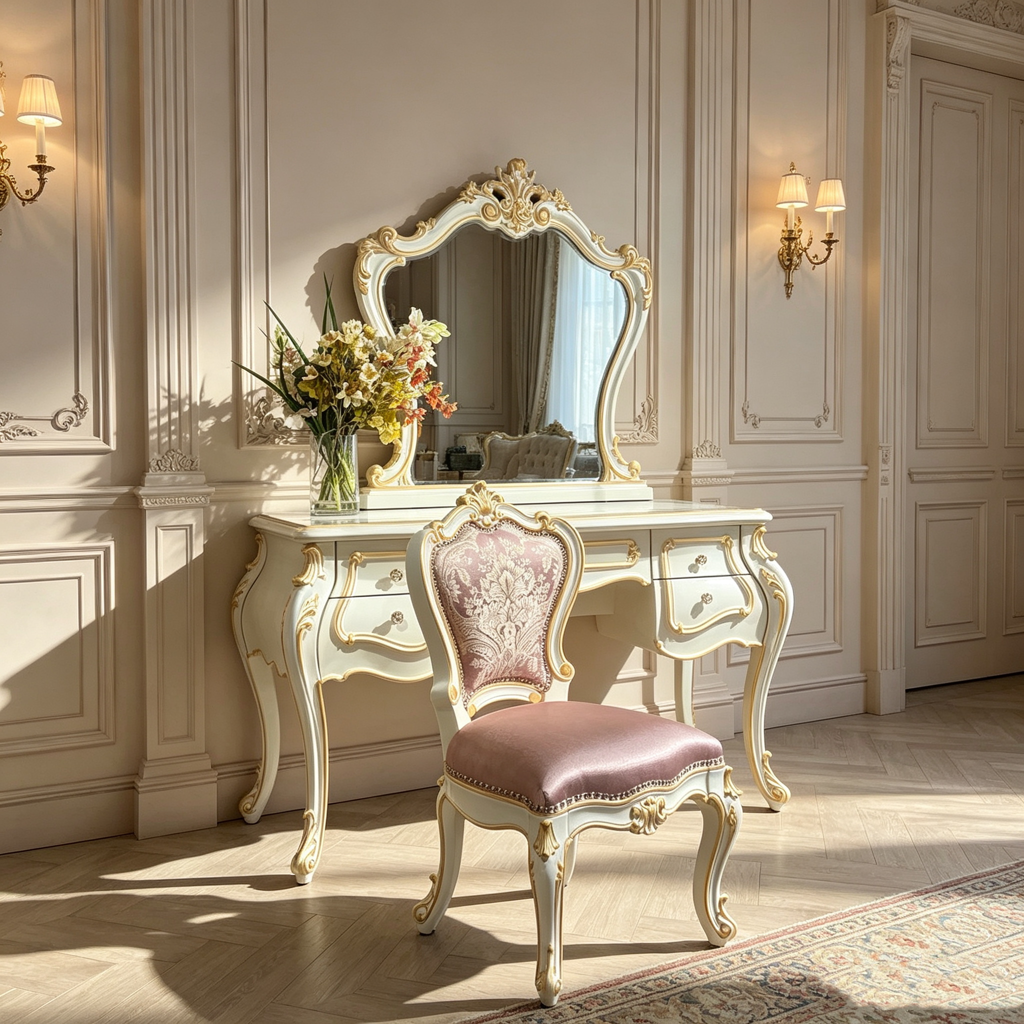 Amber Grace French Provincial Gold Leaf Solid Wood Handcrafted Dressing Table & Stool | GrandLiving Luxe 