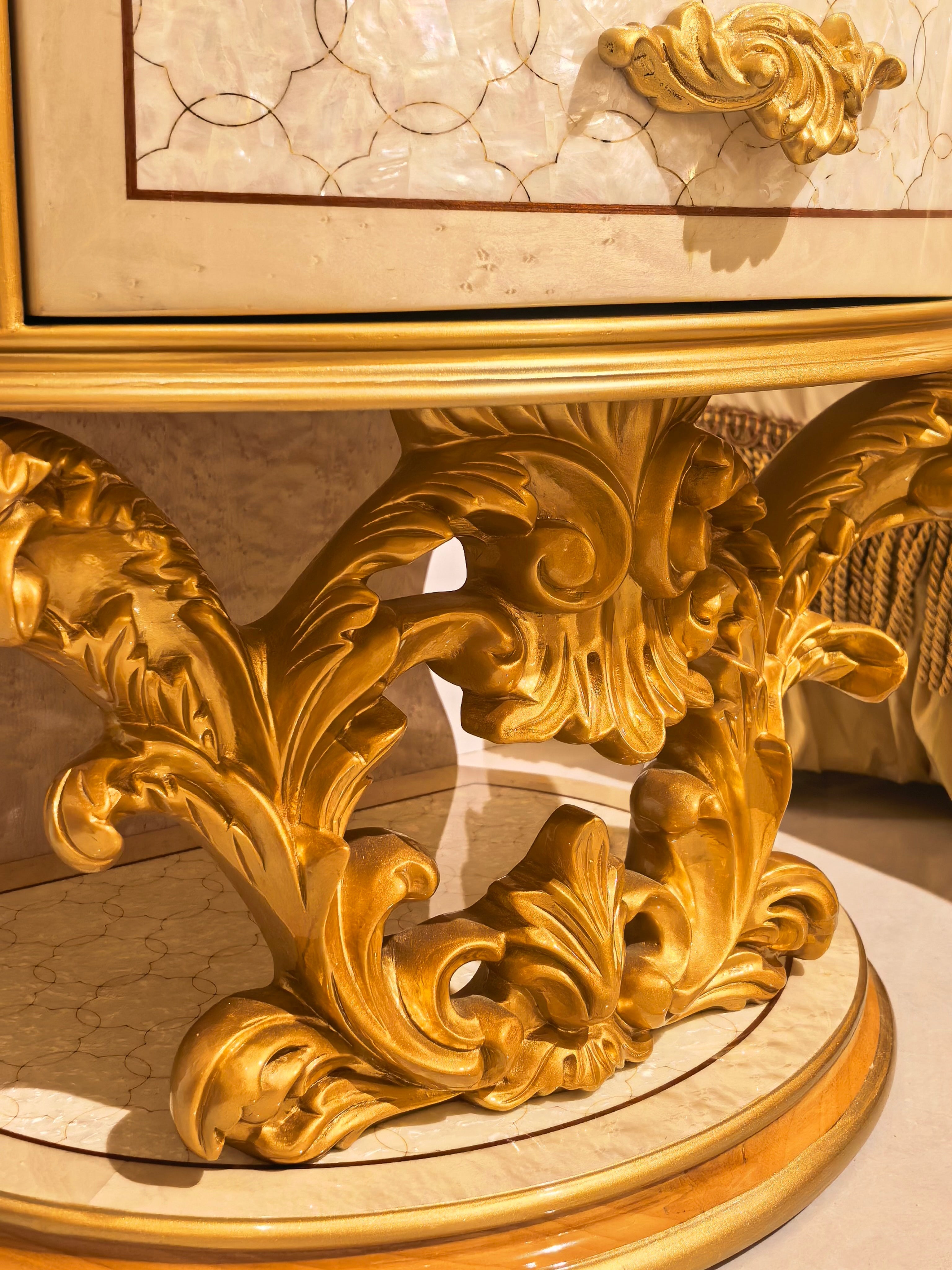 Marguerite French Imperial bedside table styled with matching Imperial bed - GrandLiving Luxe