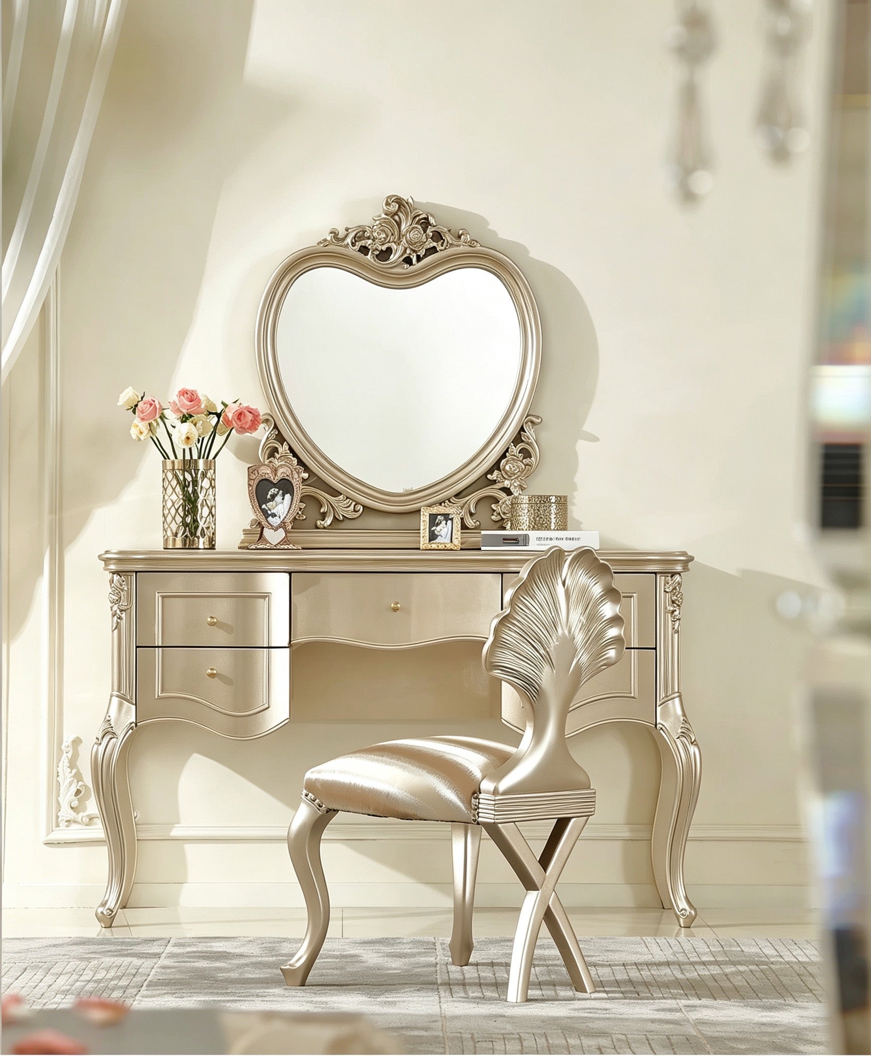 Amour French Provincial Silver Leaf Dressing Table with Mirror| GradLiving Luxe