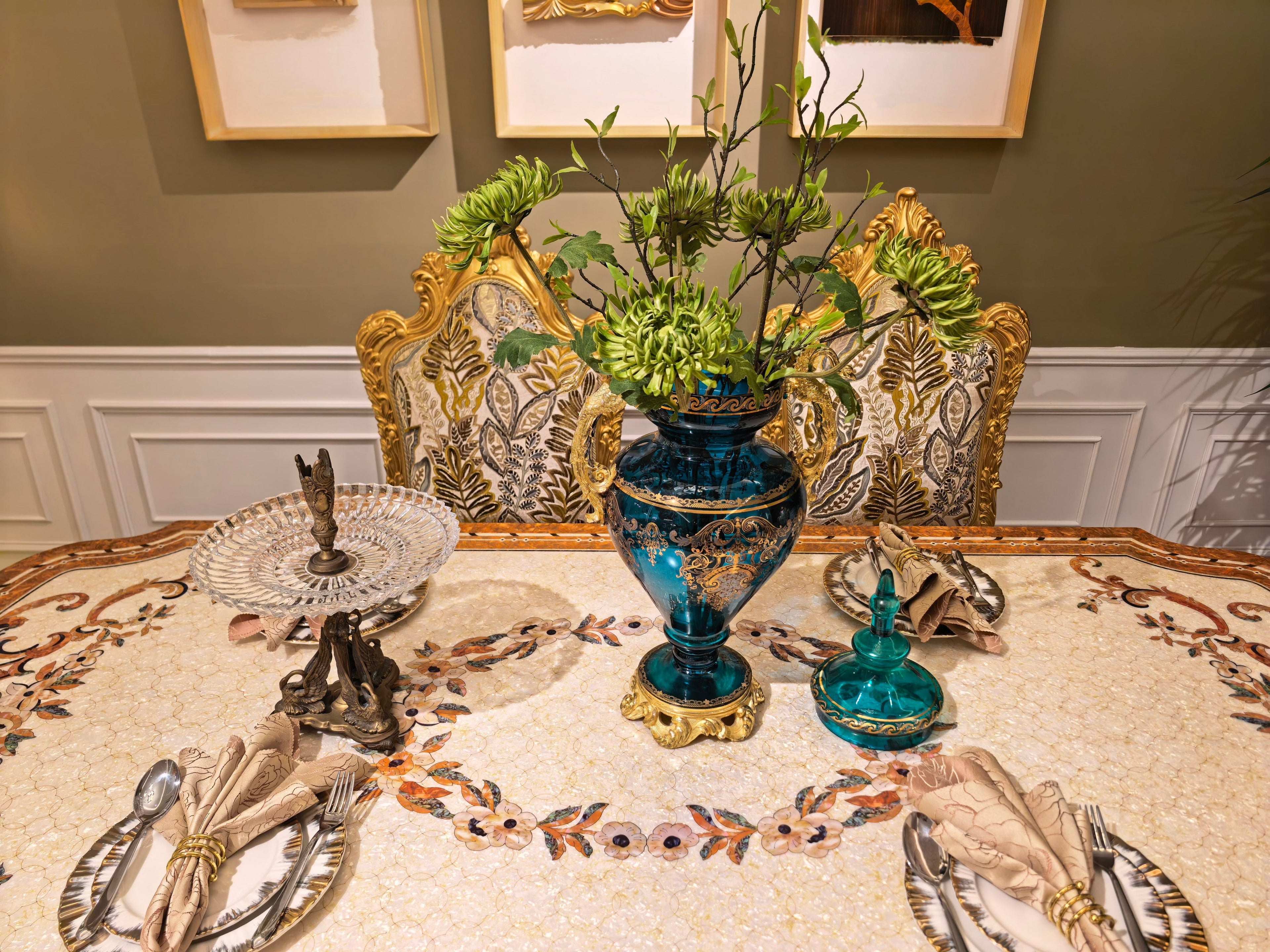 Bernadette French Imperial dining table shell inlay tabletop detail - GrandLiving Luxe