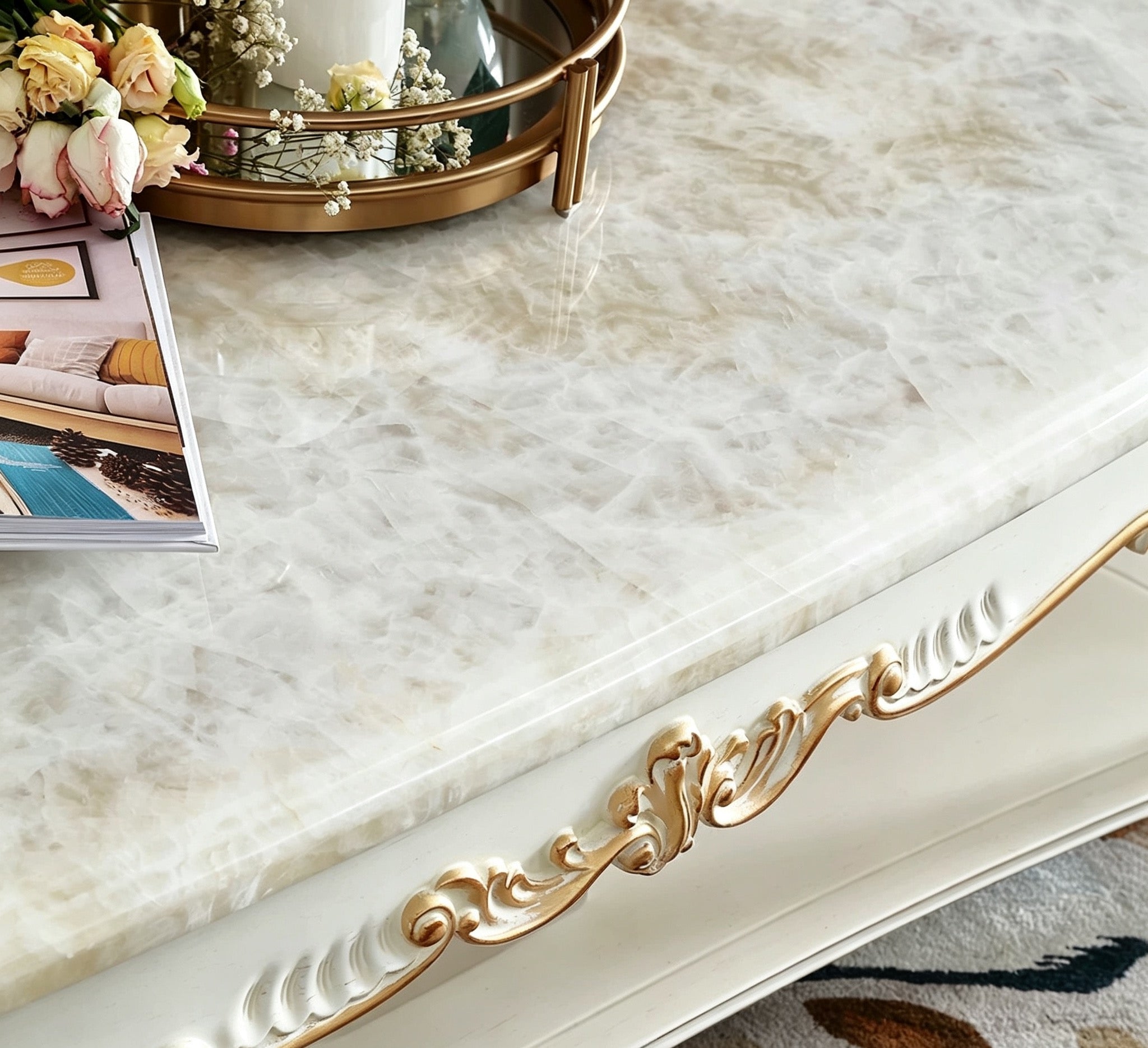 Regal Bloom French Vintage Marble Coffee Table