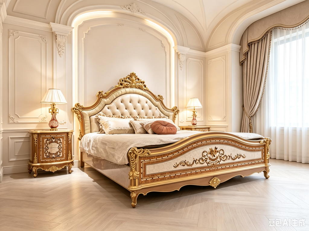 Adeline French Imperial bed, hand-carved European beechwood with traditional gold gilt finish - GrandLiving Luxe
