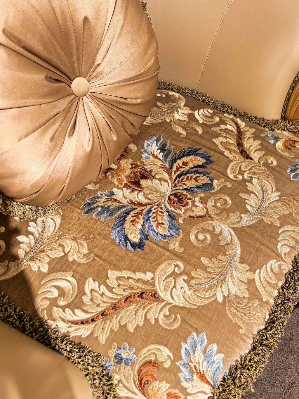 Camille French Imperial sofa gold gilt leg detail - GrandLiving Luxe