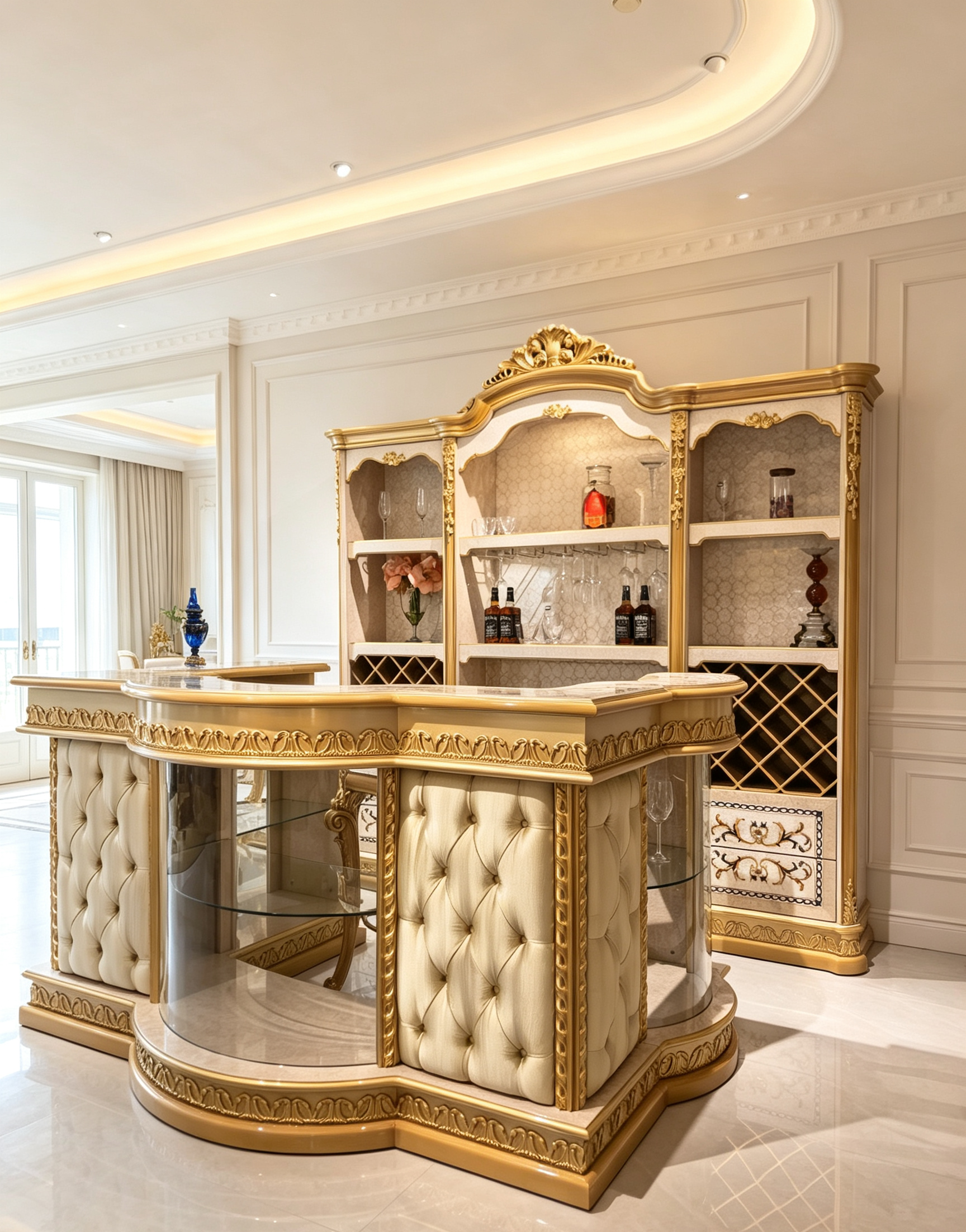 Rosalind French Imperial bar cabinet and stool, hand-carved European beechwood with traditional gold gilt finish - GrandLiving Luxe