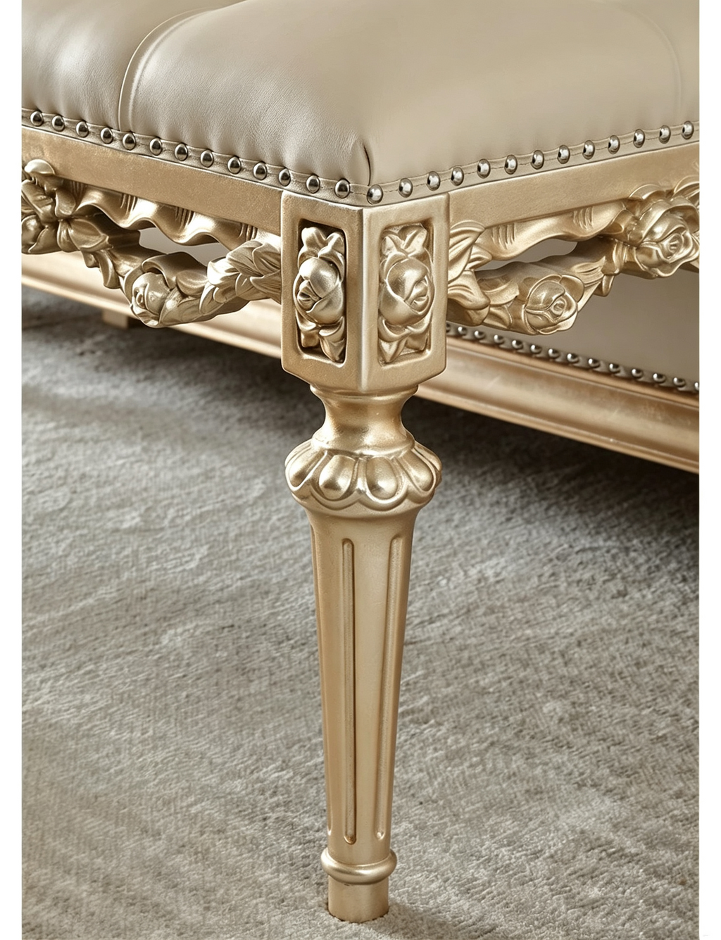 Ornate French Provincial style luxury silver leaf champagne gold tufted ottoman bench - GrandLiving Luxe 3
