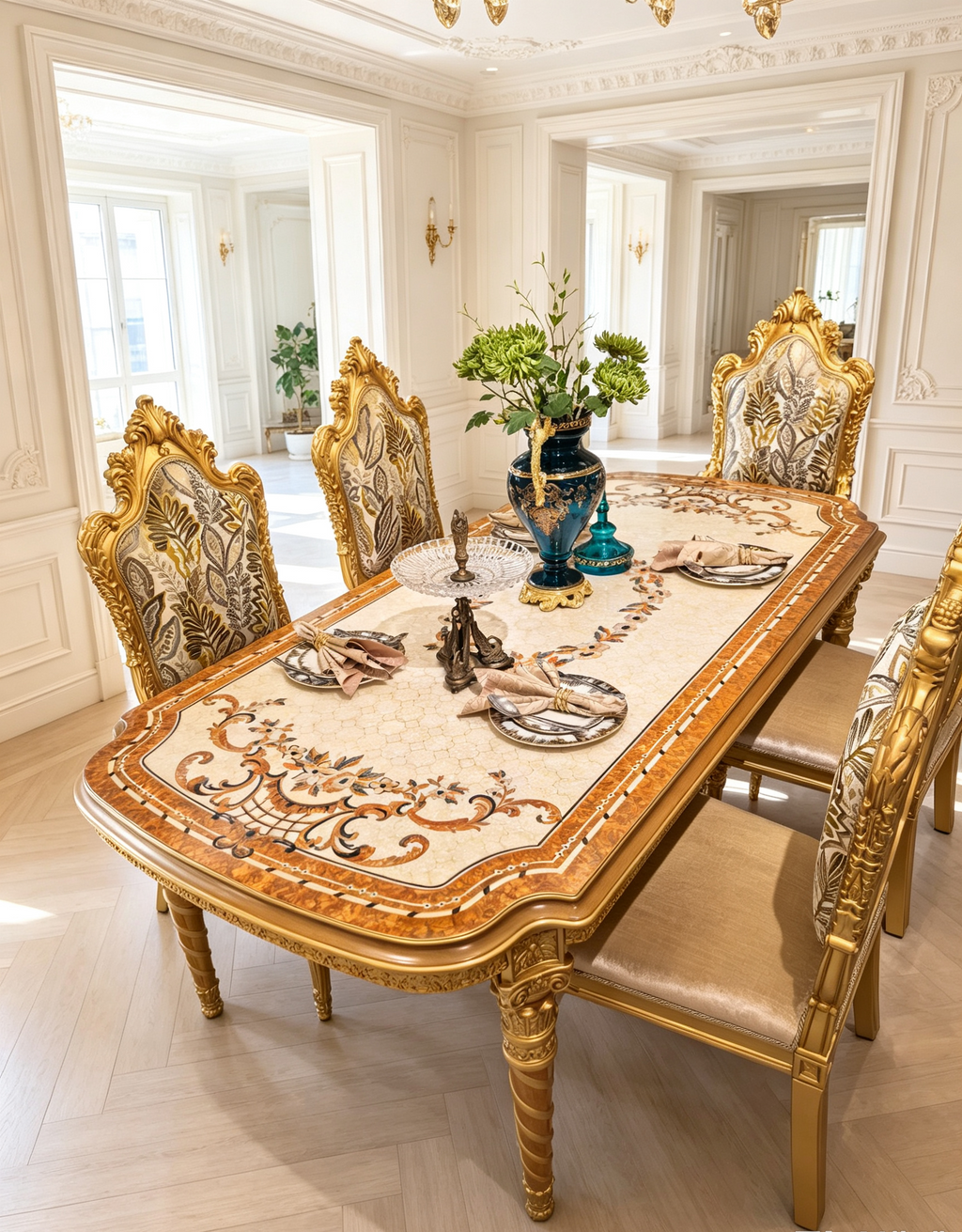 Bernadette French Imperial dining table, hand-carved European beechwood with traditional gold gilt finish - GrandLiving Luxe