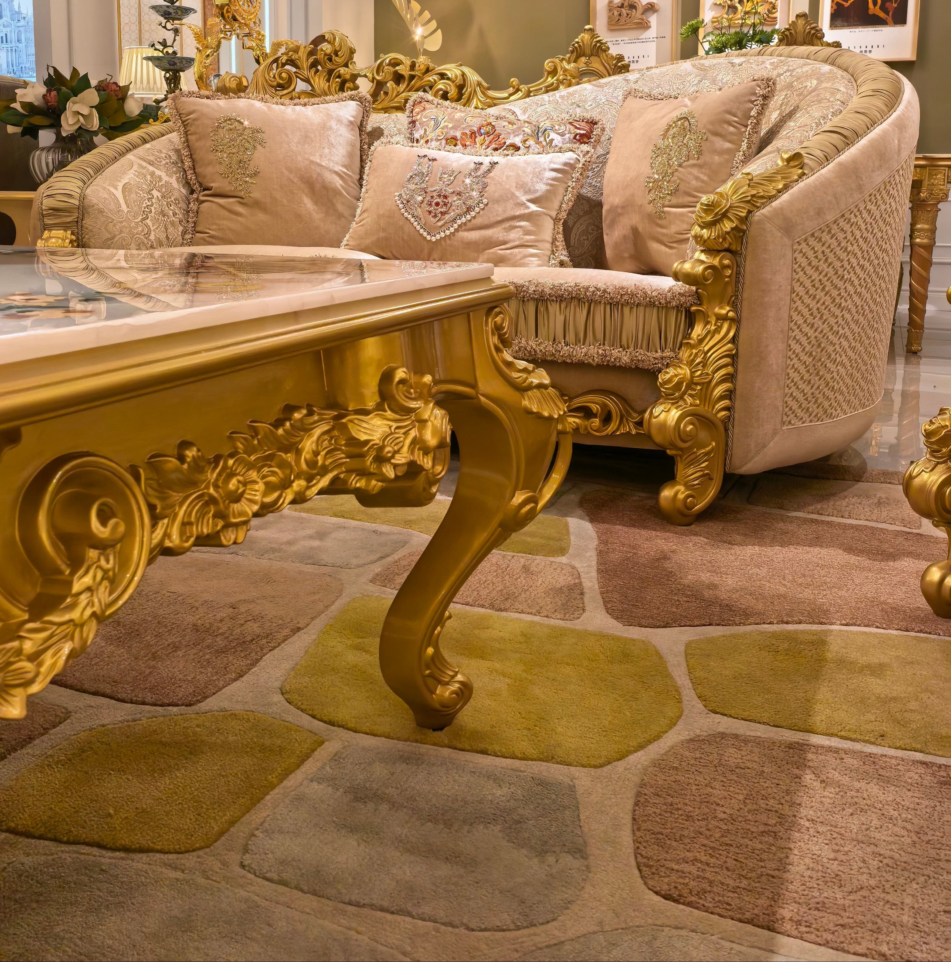 Beatrice French Imperial sofa hand-carved corner detail - GrandLiving Luxe