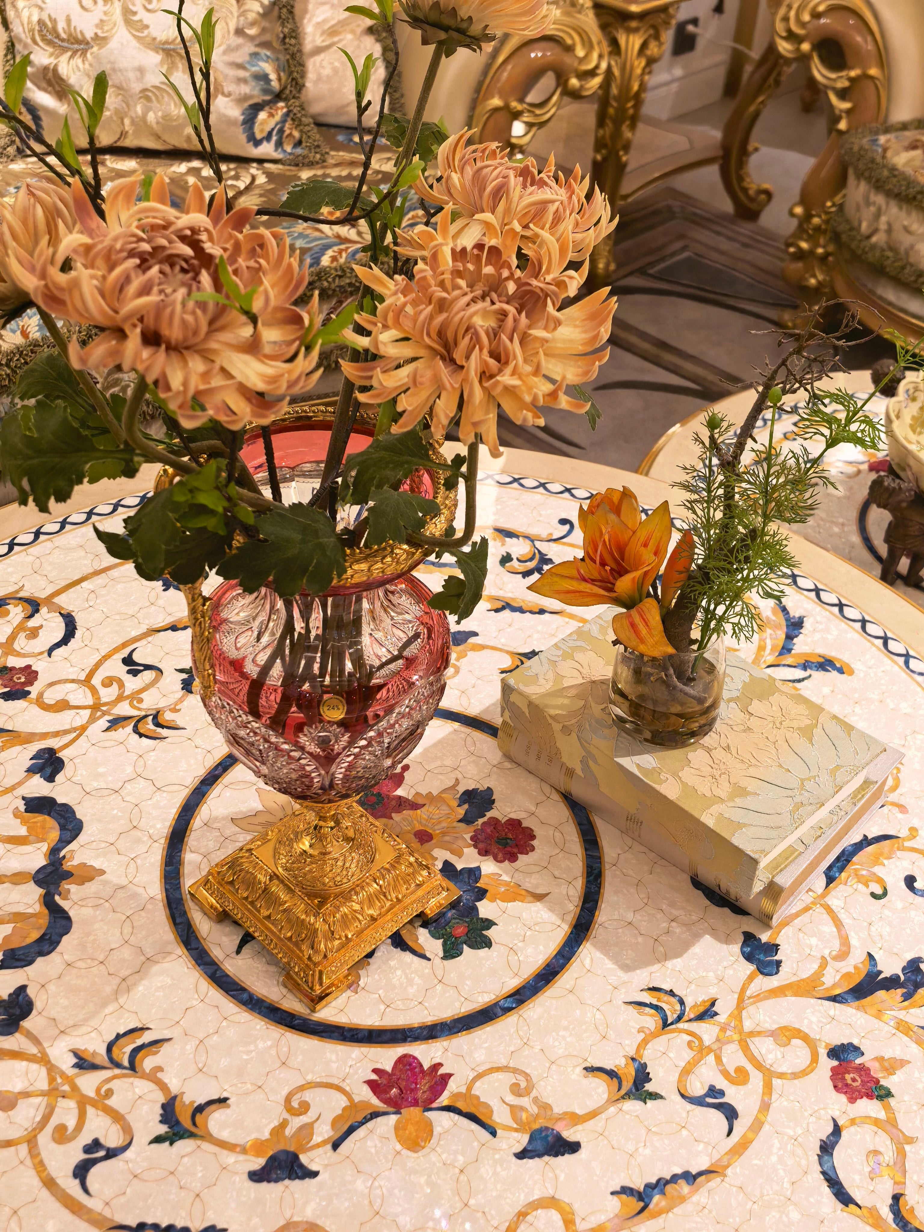 Antoinette French Imperial coffee table shell inlay tabletop detail - GrandLiving Luxe