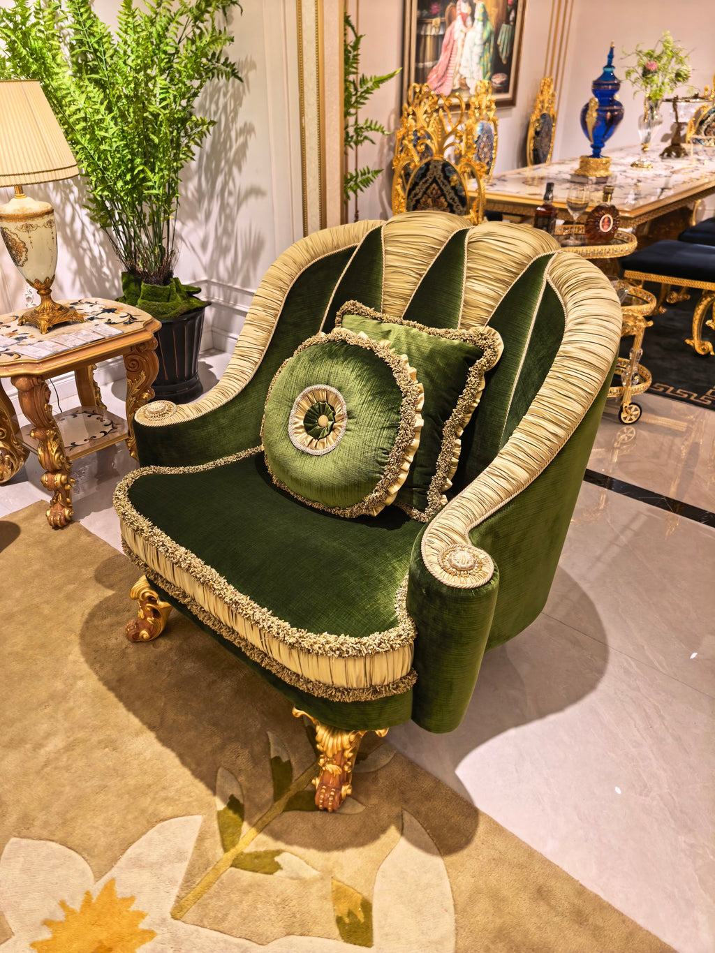 Charlotte French Imperial sofa armrest carving detail - GrandLiving Luxe
