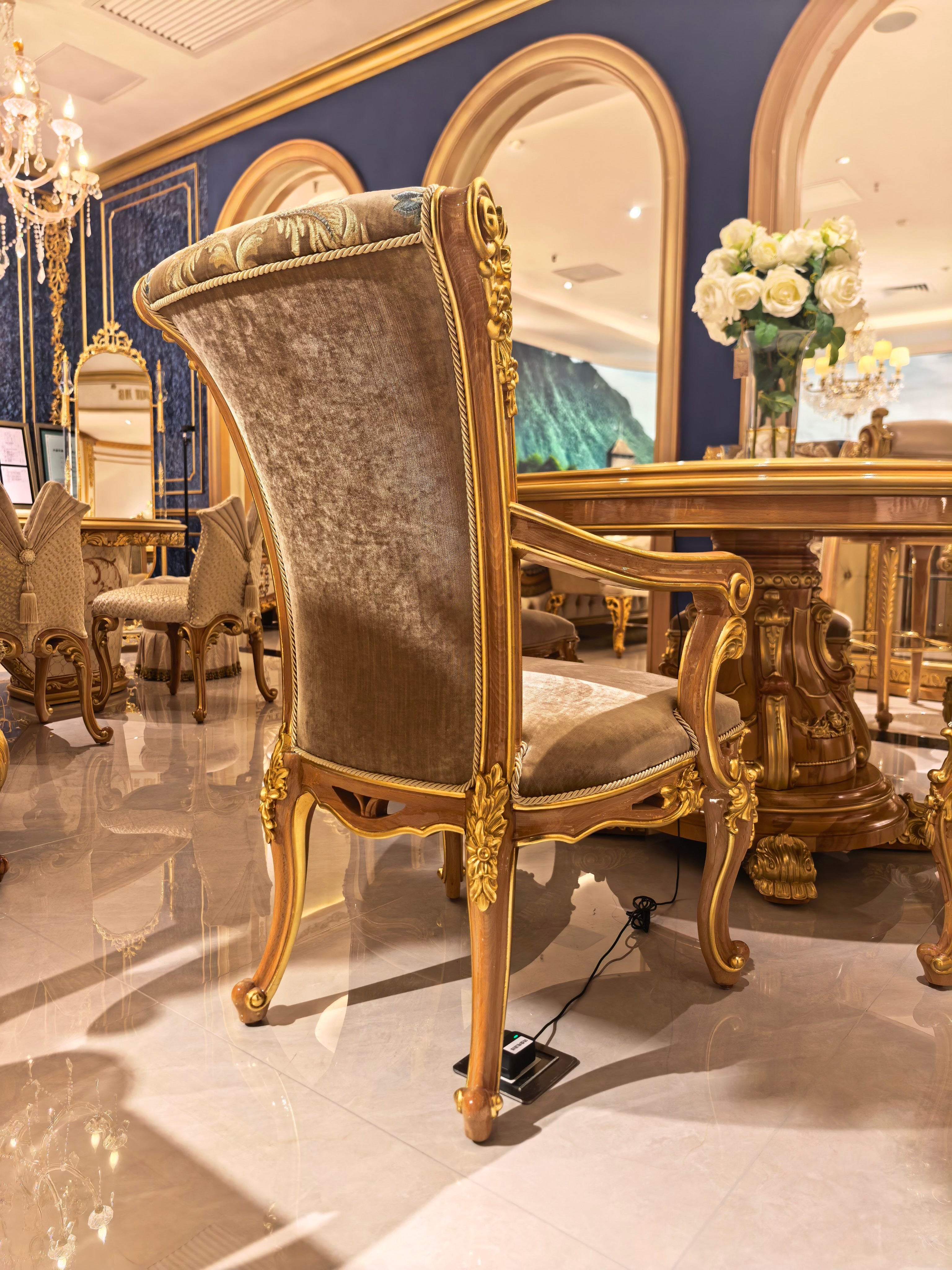 Adrienne French Imperial dining chair with matching dining table detail - GrandLiving Luxe