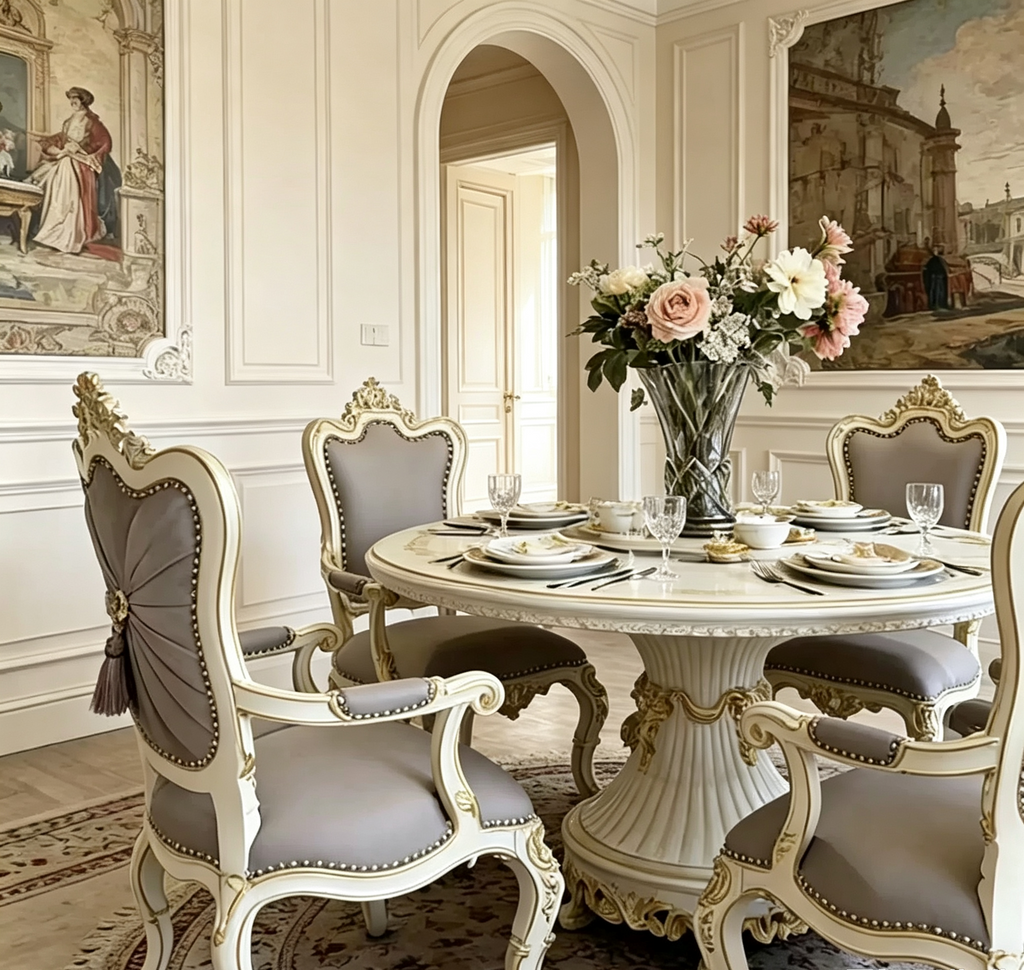 Luna White French Dining Table with hand-carved details and gold leaf accents | GrandLiving Luxe 3