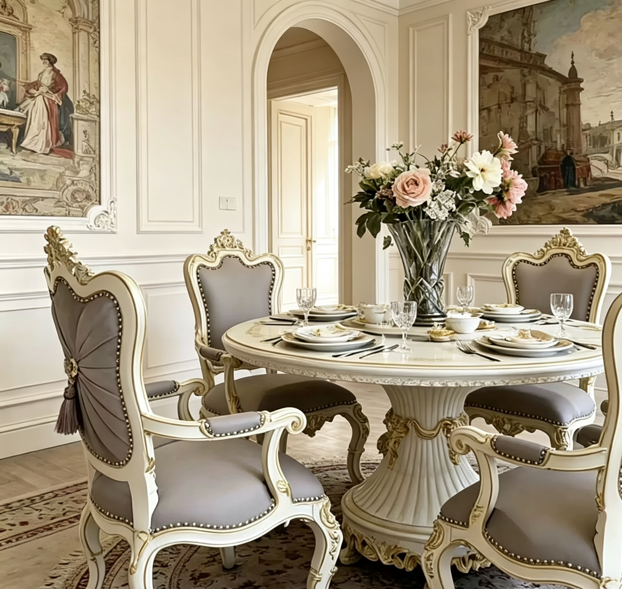 Luna White French Dining Table with hand-carved details and gold leaf accents | GrandLiving Luxe 3
