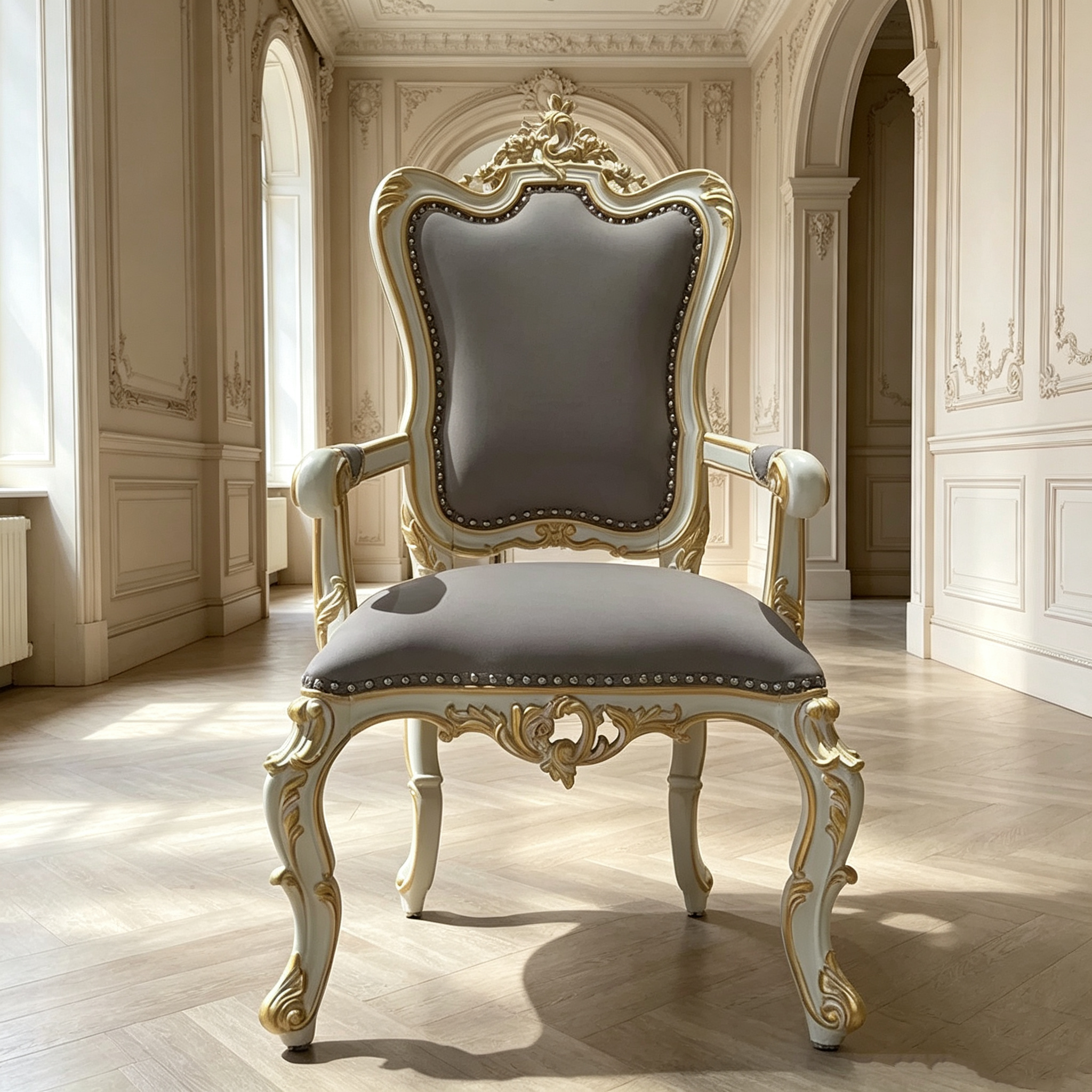 French Provincial Dining Chair with imported genuine leather and hand-carved gold leaf details | GrandLiving Luxe 1