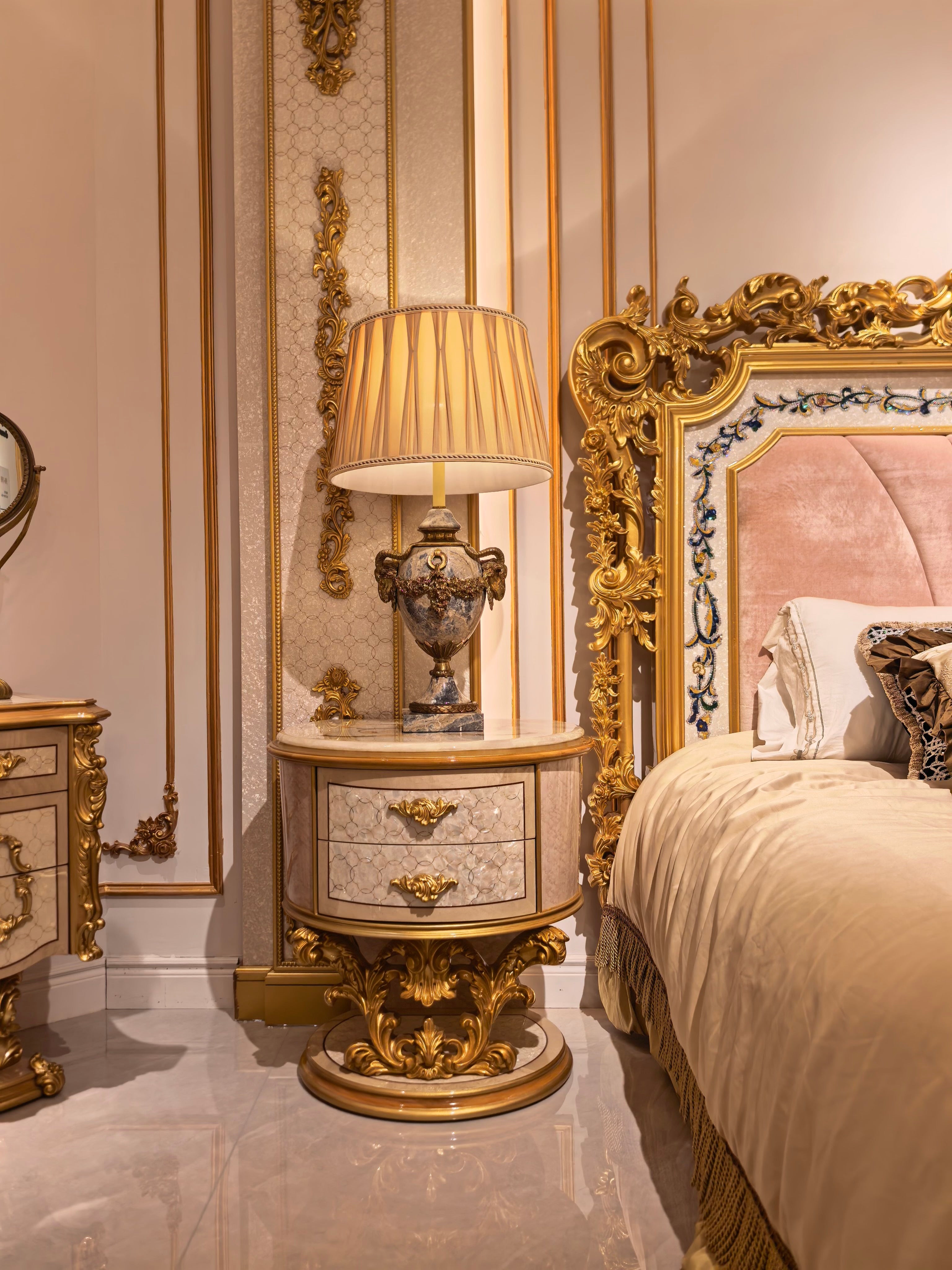 Delphine French Imperial bedside table, hand-carved European beechwood with traditional gold gilt finish - GrandLiving Luxe