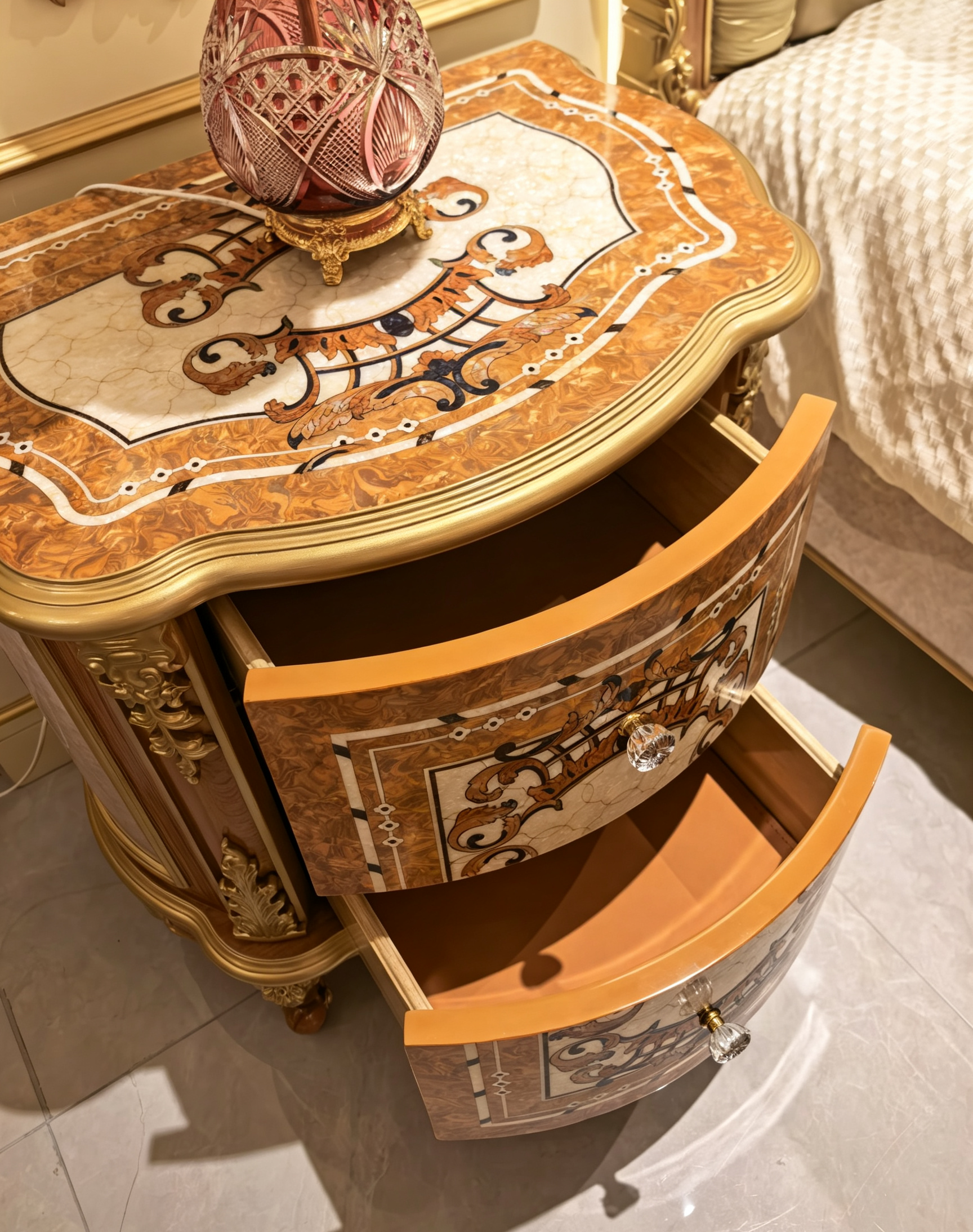 Colette French Imperial bedside table inlay pattern detail - GrandLiving Luxe