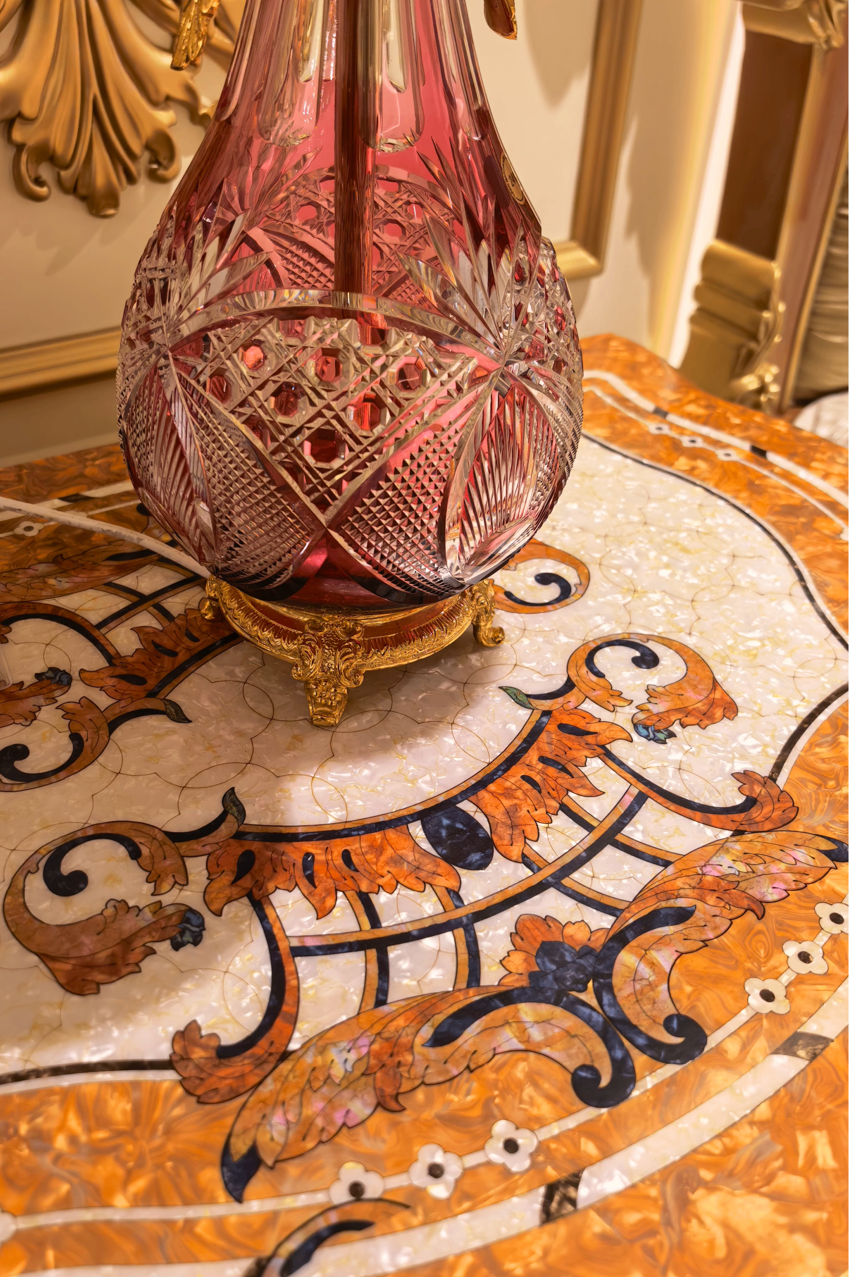 Colette French Imperial bedside table bird's eye maple veneer marquetry detail - GrandLiving Luxe
