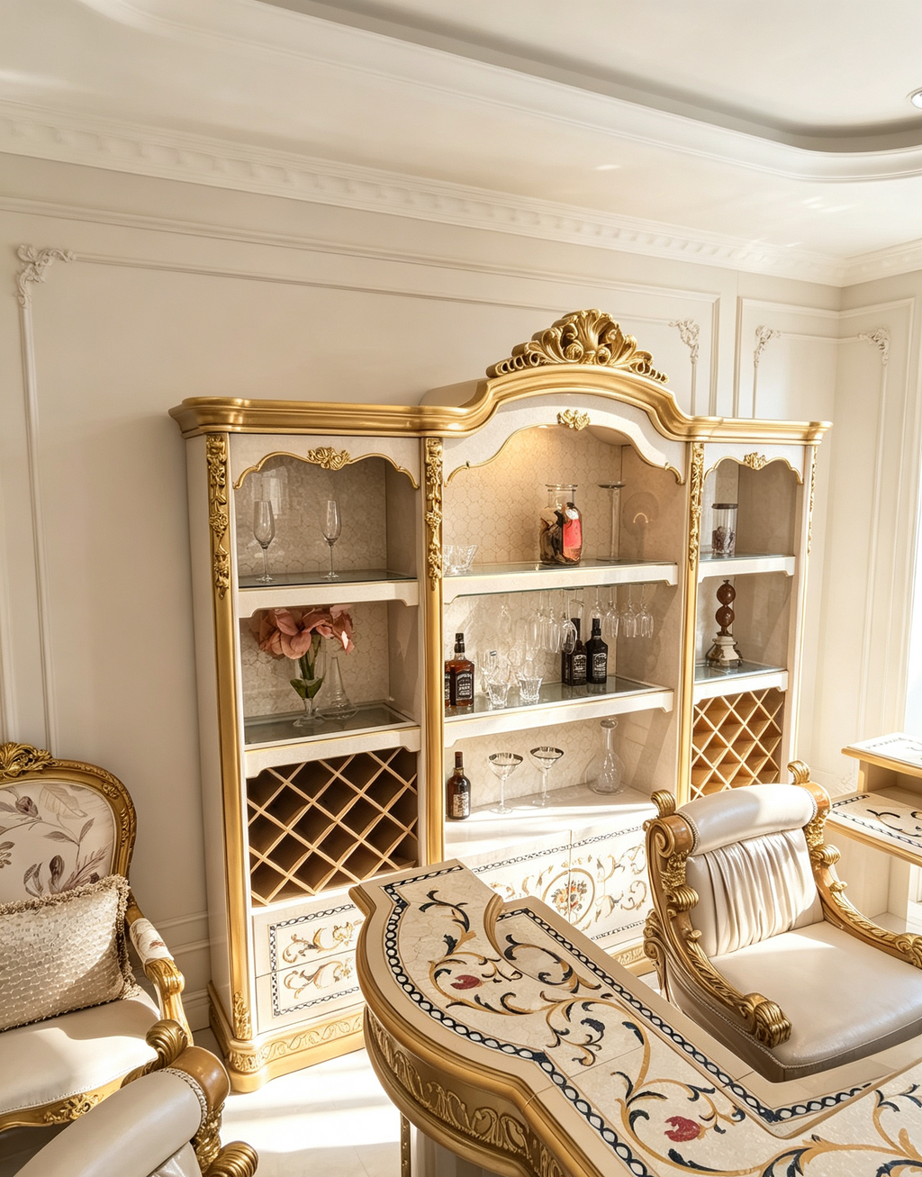 Blanche French Imperial display cabinet, hand-carved European beechwood with traditional gold gilt finish - GrandLiving Luxe