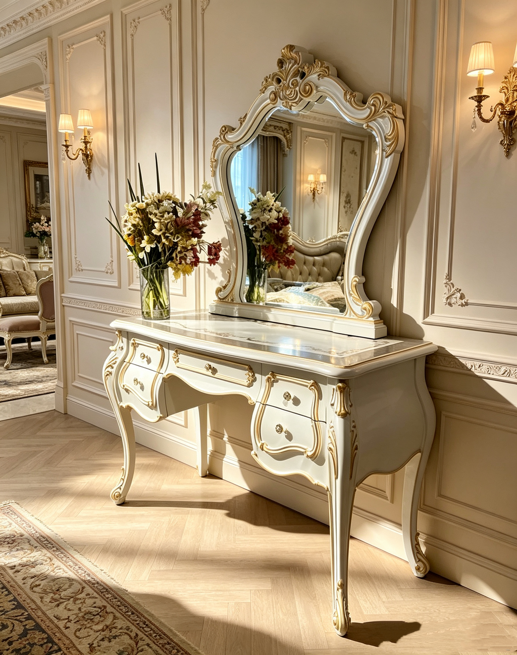 Amber Grace French Provincial Gold Leaf Solid Wood Handcrafted Dressing Table & Stool | GrandLiving Luxe 1