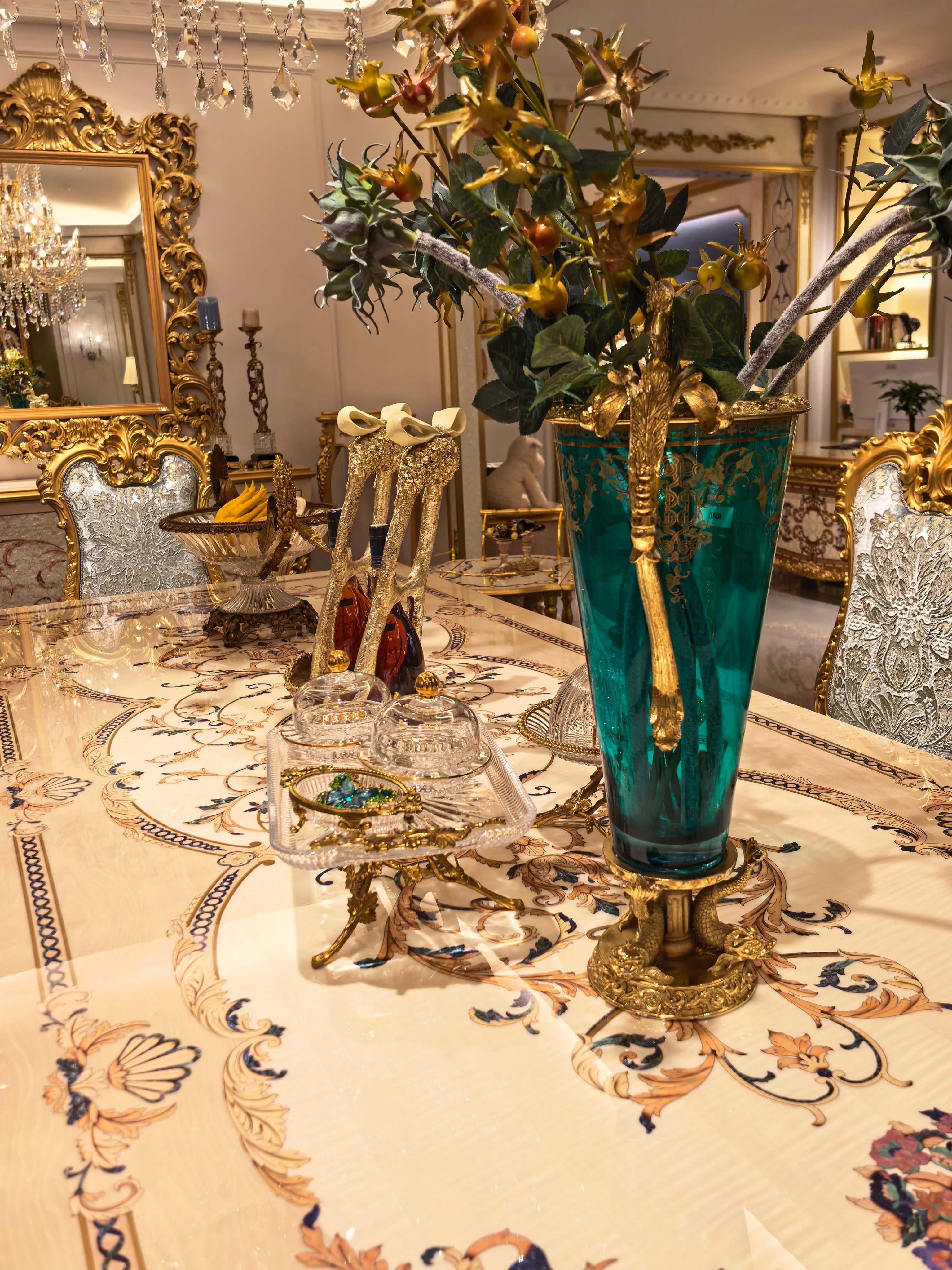 Clarisse French Imperial dining table leg detail, hand-carved gold gilt finish - GrandLiving Luxe