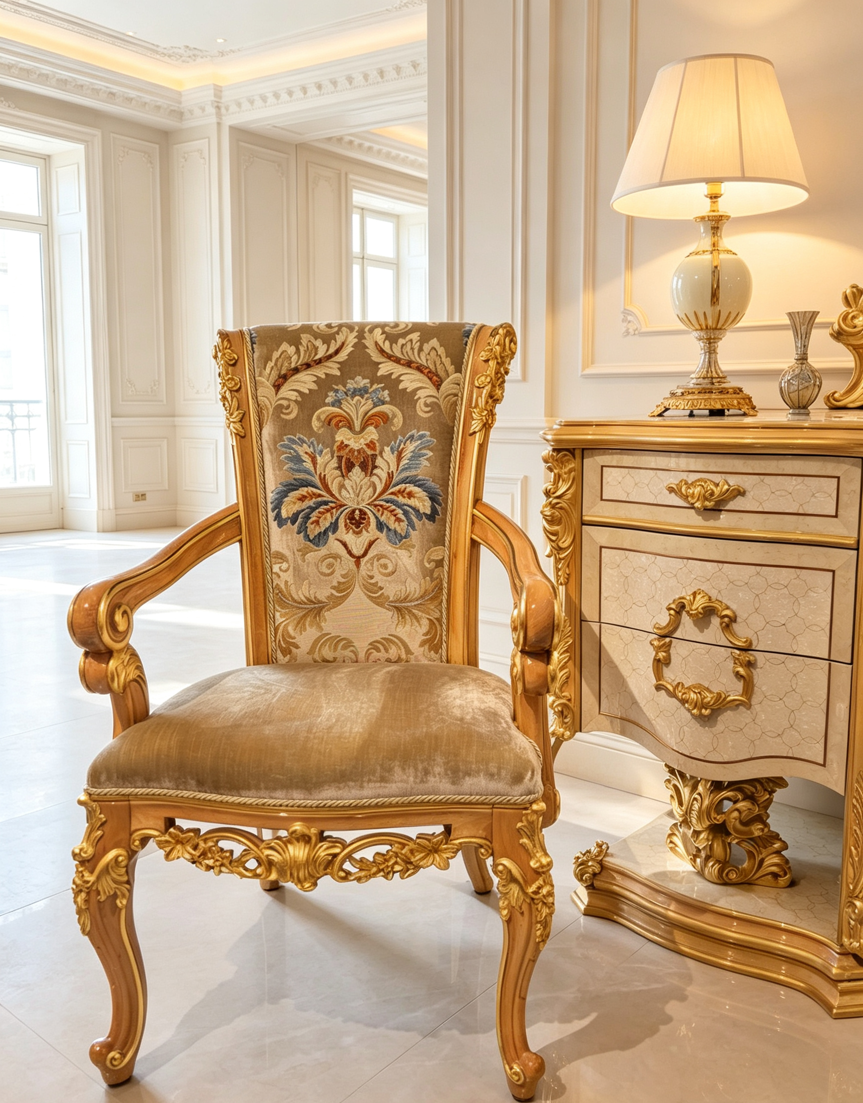 Adrienne French Imperial dining chair, hand-carved European beechwood with traditional gold gilt finish - GrandLiving Luxe