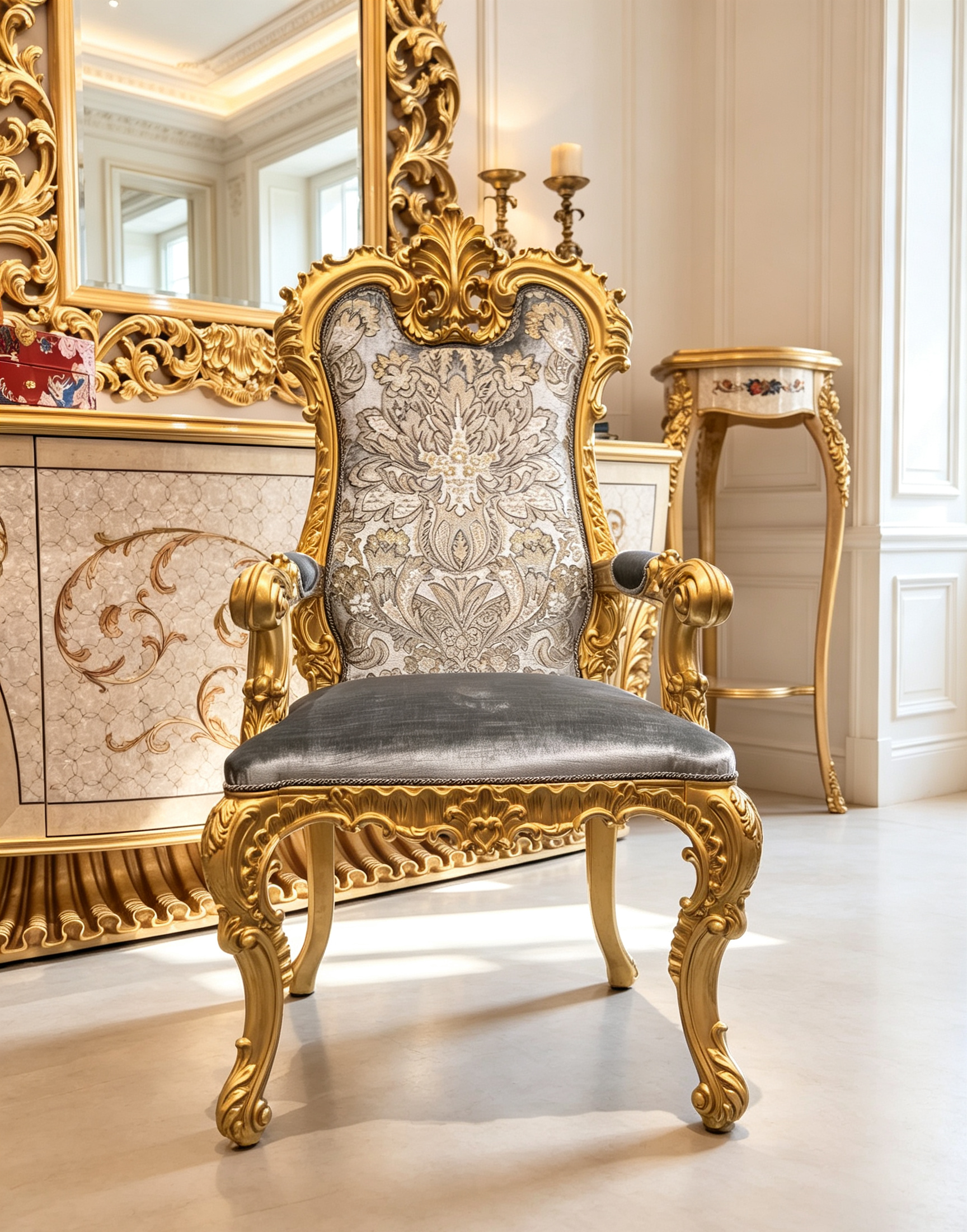 Solange French Imperial dining chair, hand-carved European beechwood with traditional gold gilt finish - GrandLiving Luxe