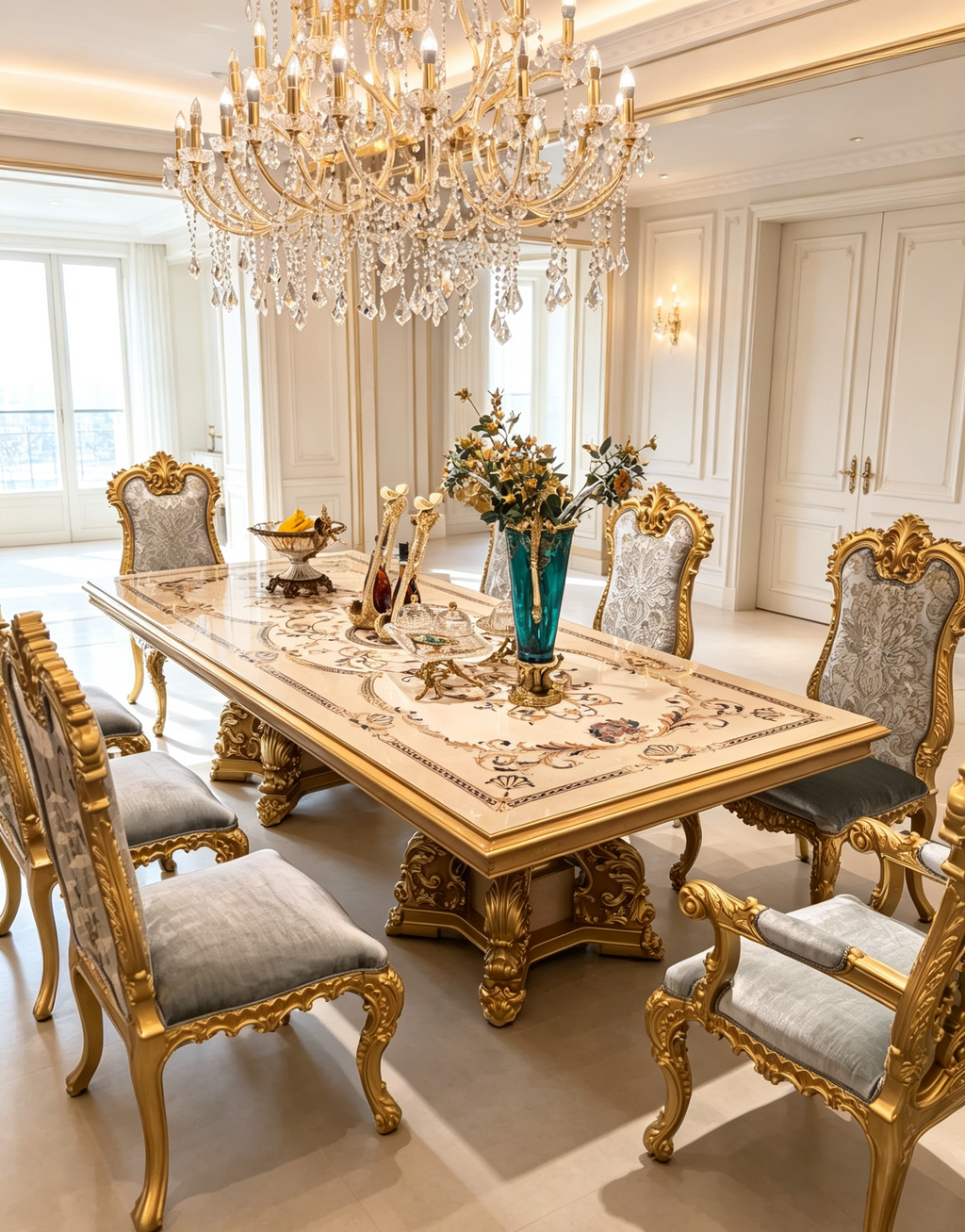 Clarisse French Imperial dining table, hand-carved European beechwood with traditional gold gilt finish - GrandLiving Luxe