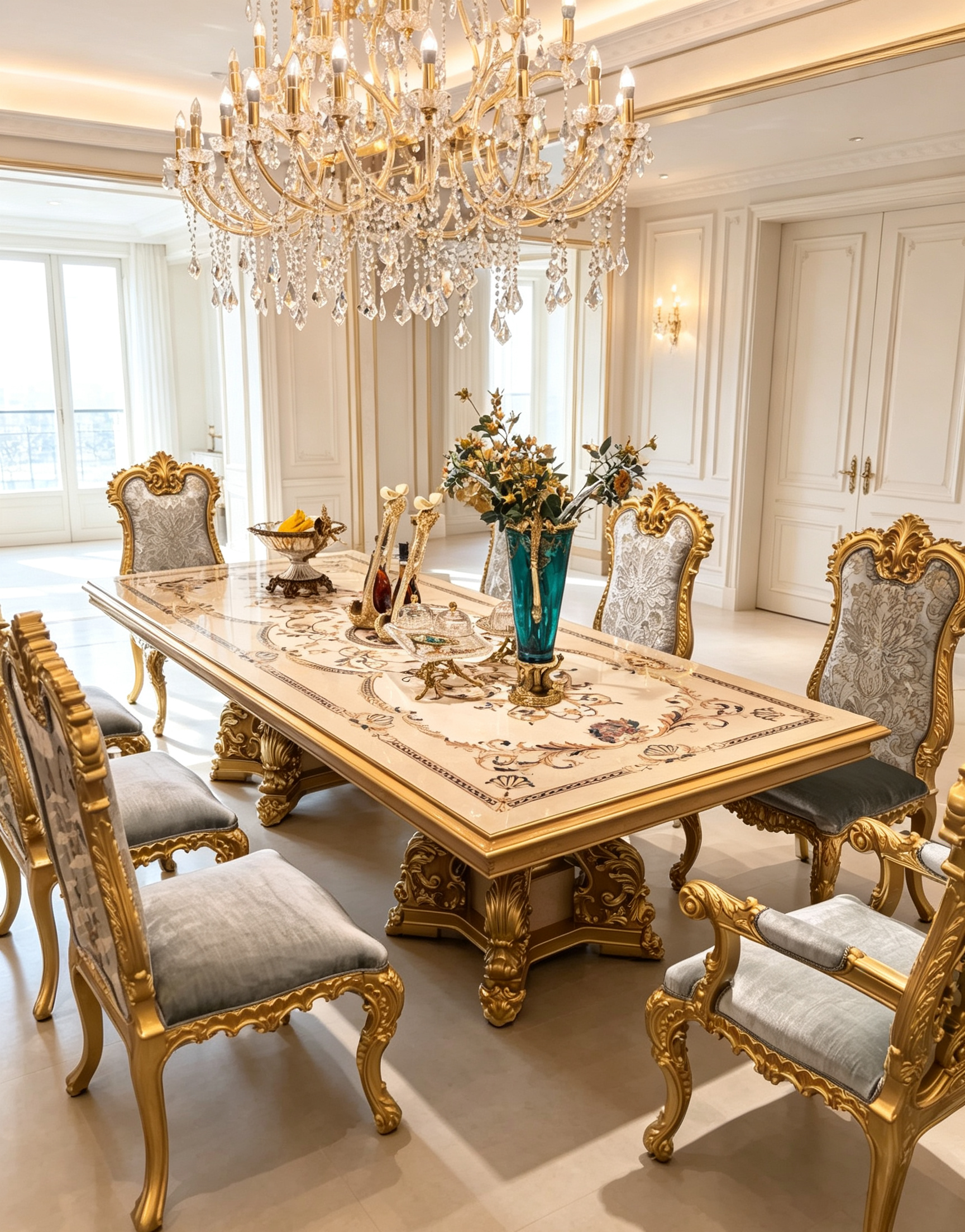 Clarisse French Imperial dining table, hand-carved European beechwood with traditional gold gilt finish - GrandLiving Luxe