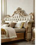 Ornate French Provincial style luxury tufted bed in gold bedroom - GrandLiving Luxe 2
