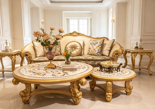 Antoinette French Imperial coffee table set, hand-carved European beechwood with traditional gold gilt finish - GrandLiving Luxe