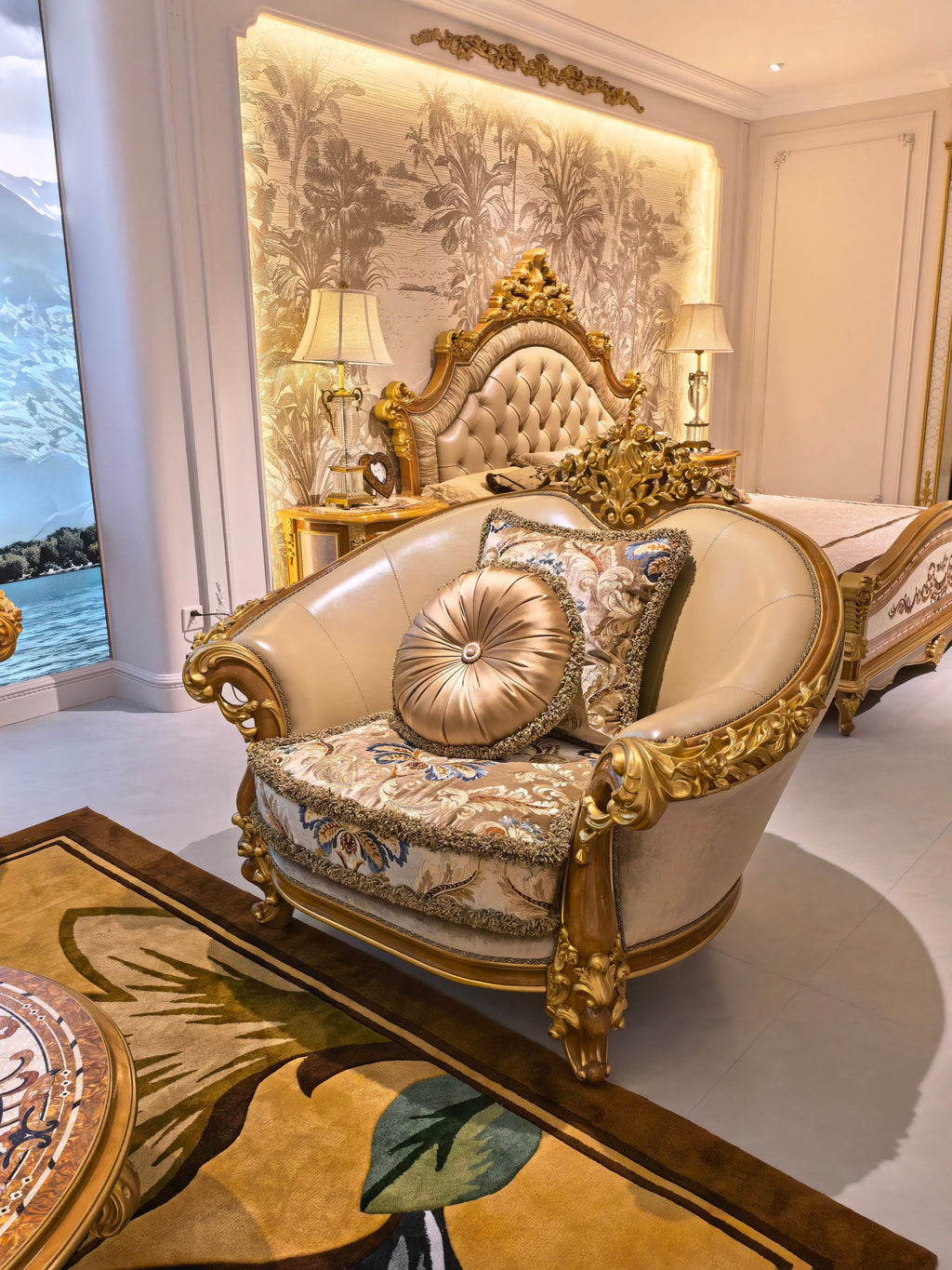 Camille French Imperial sofa carved leg detail - GrandLiving Luxe