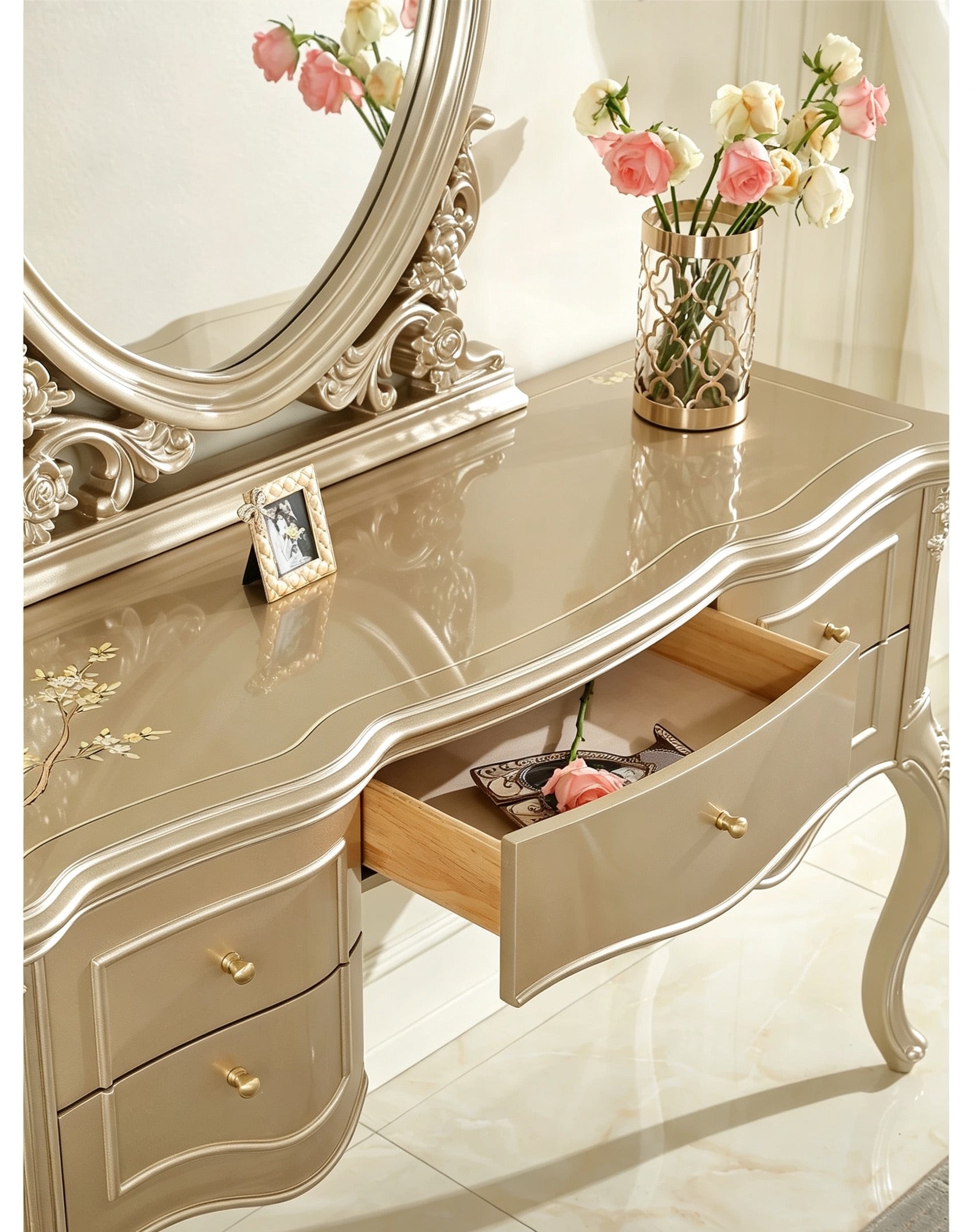 Amour French Provincial Silver Leaf Dressing Table with Mirror| GradLiving Luxe 5