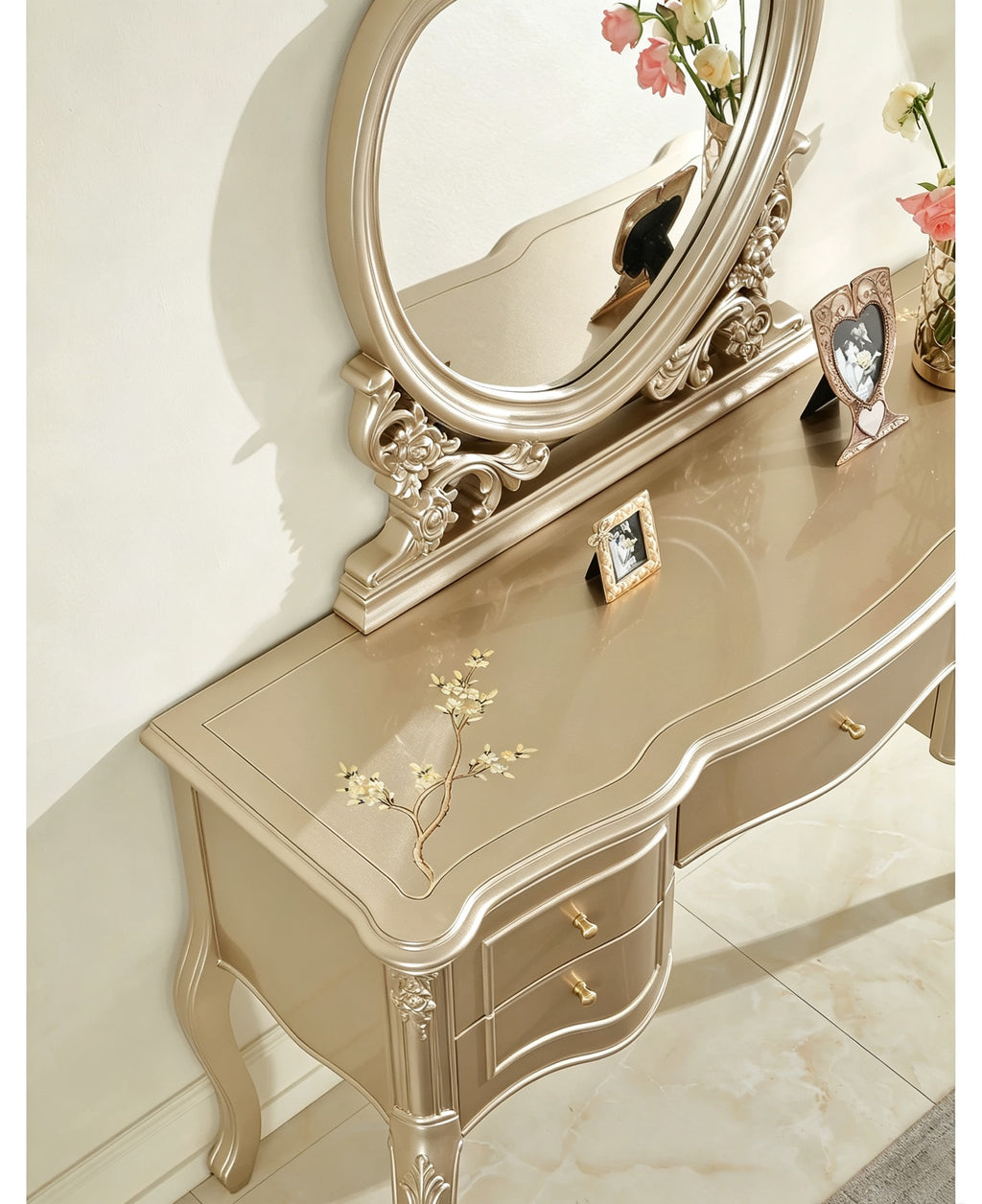 Amour French Provincial Silver Leaf Dressing Table with Mirror| GradLiving Luxe 4