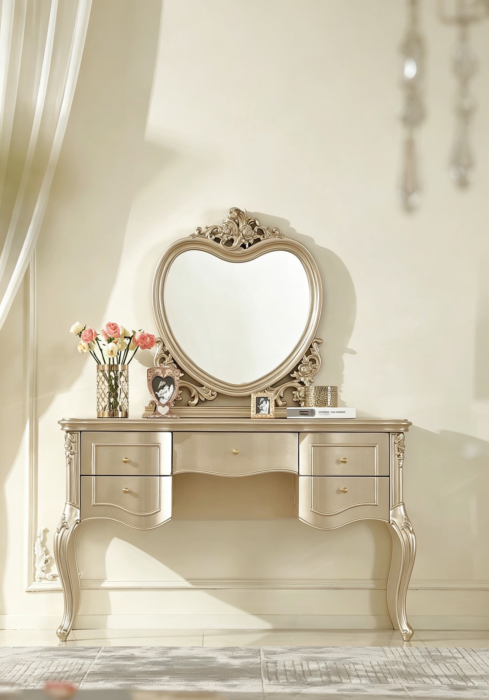 Amour French Provincial Silver Leaf Dressing Table with Mirror| GradLiving Luxe 1