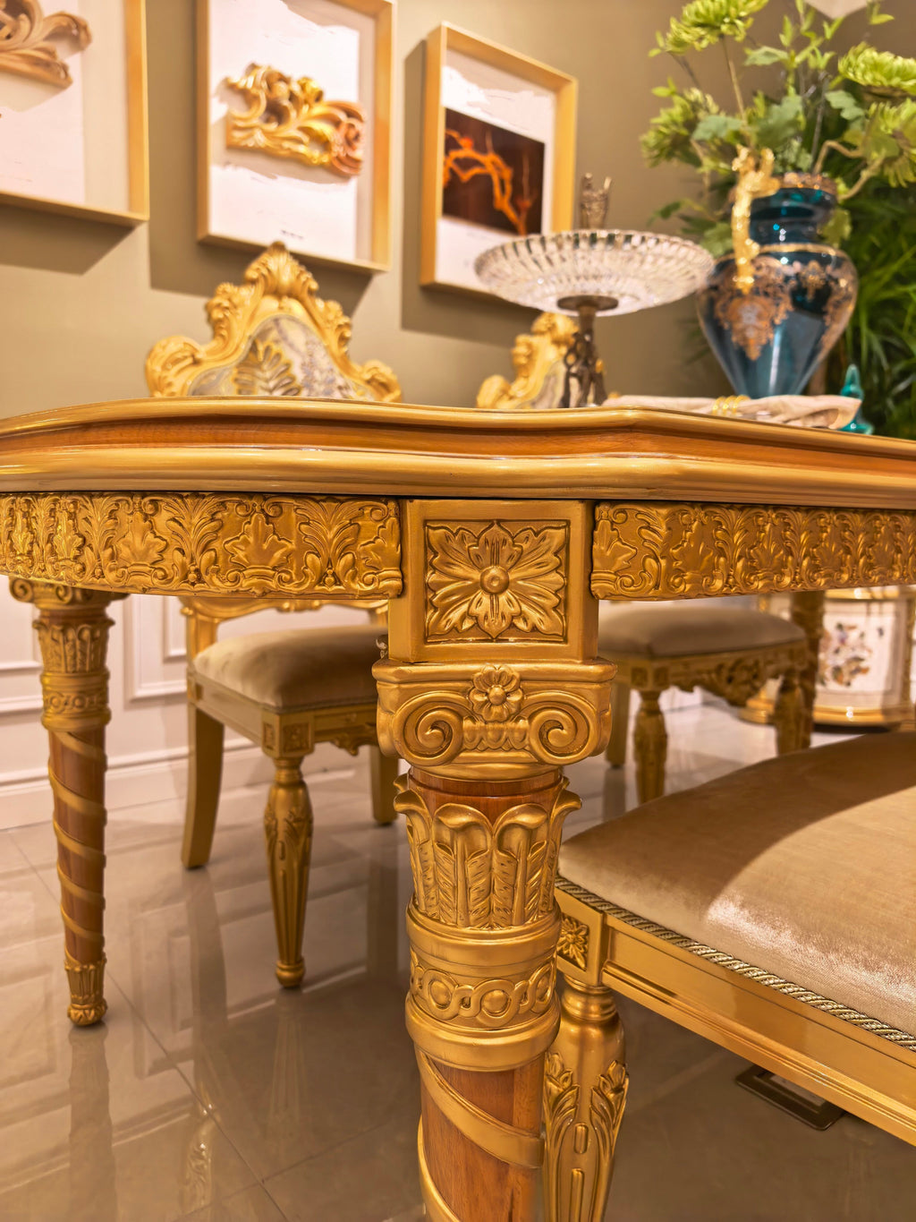 Bernadette French Imperial dining table apron carving detail - GrandLiving Luxe