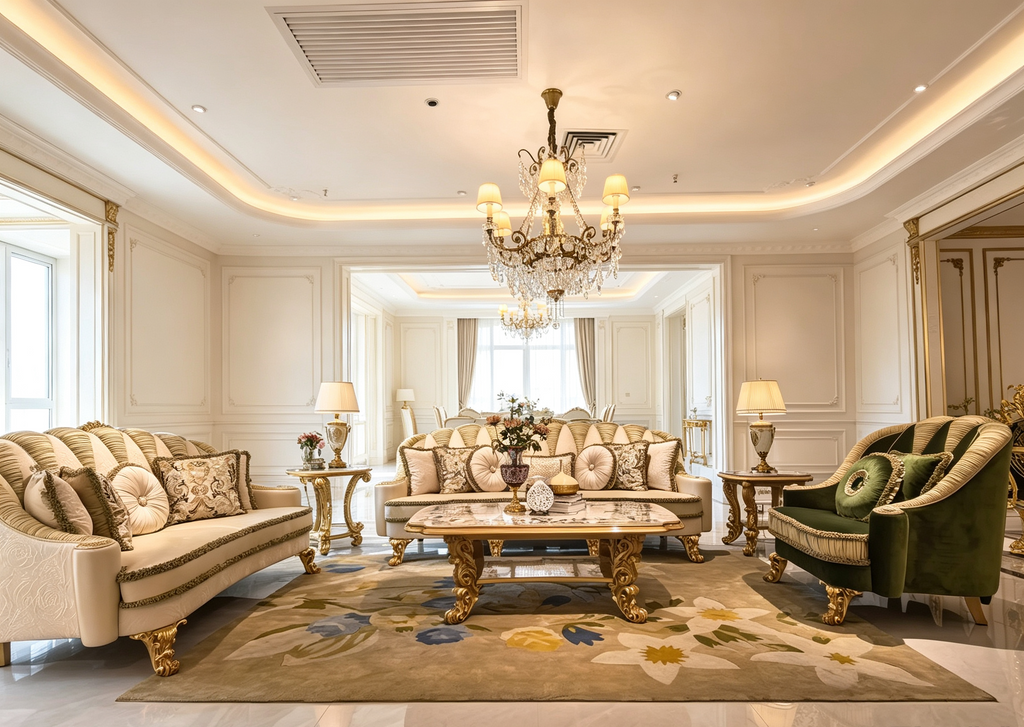 Charlotte French Imperial sofa, hand-carved European beechwood with traditional gold gilt finish - GrandLiving Luxe
