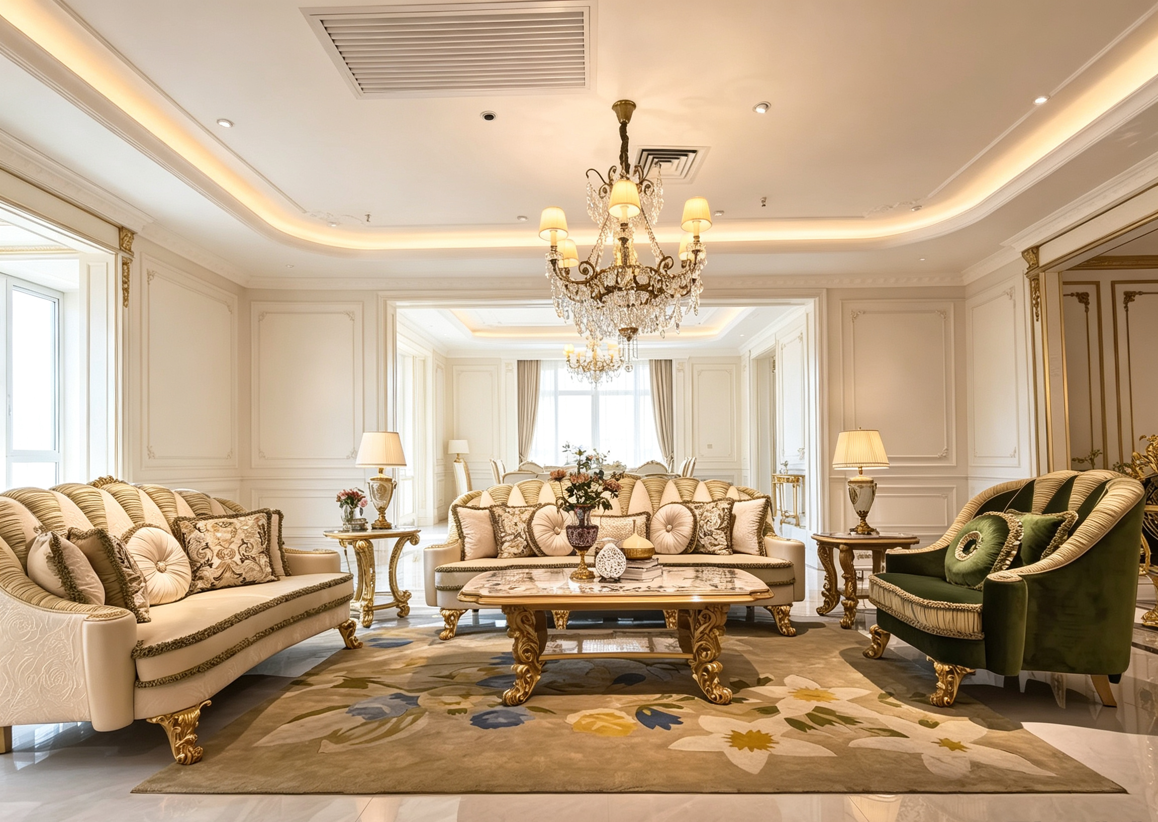 Charlotte French Imperial sofa, hand-carved European beechwood with traditional gold gilt finish - GrandLiving Luxe