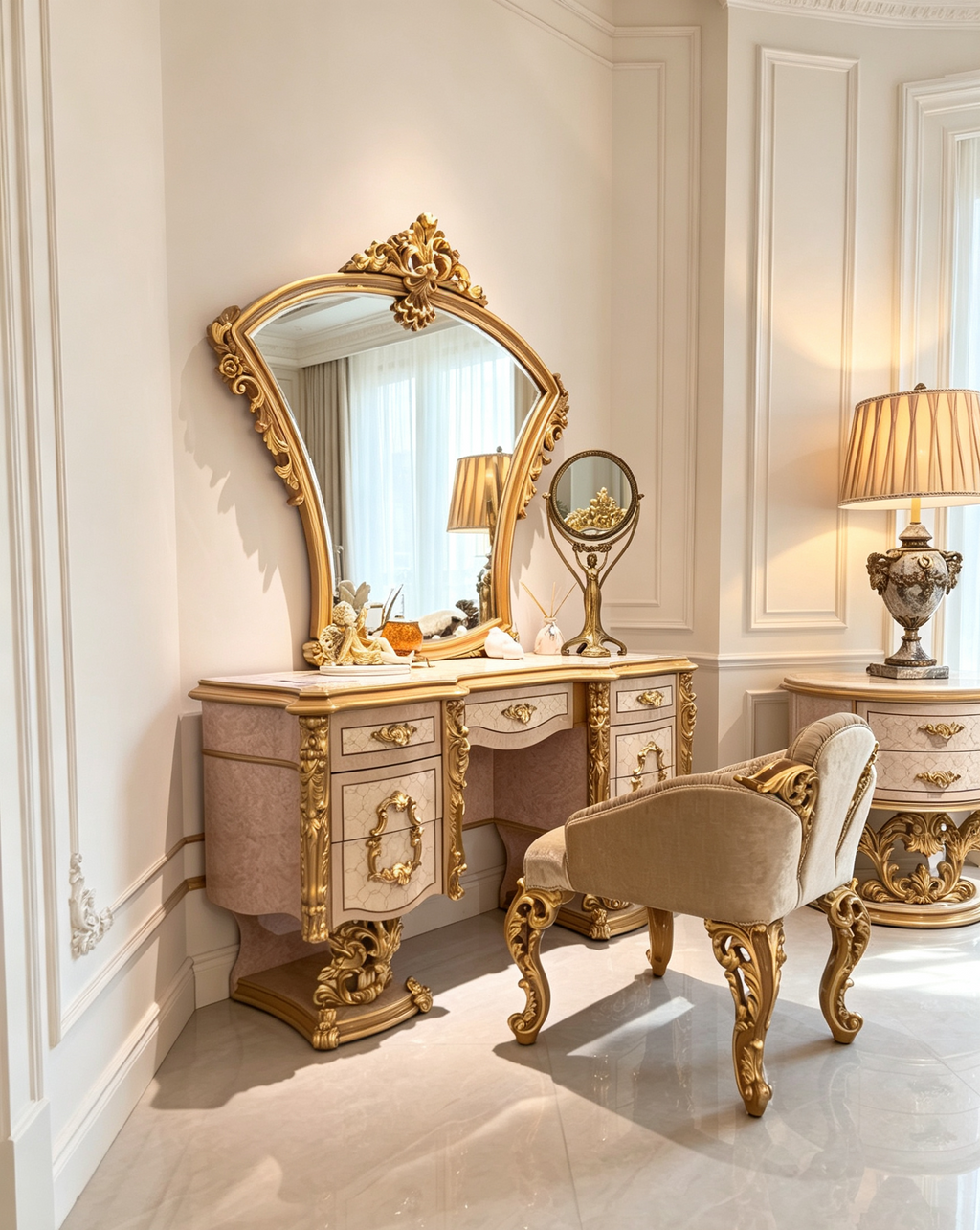 Seraphine French Imperial dressing table and stool set, hand-carved European beechwood with traditional gold gilt finish - GrandLiving Luxe