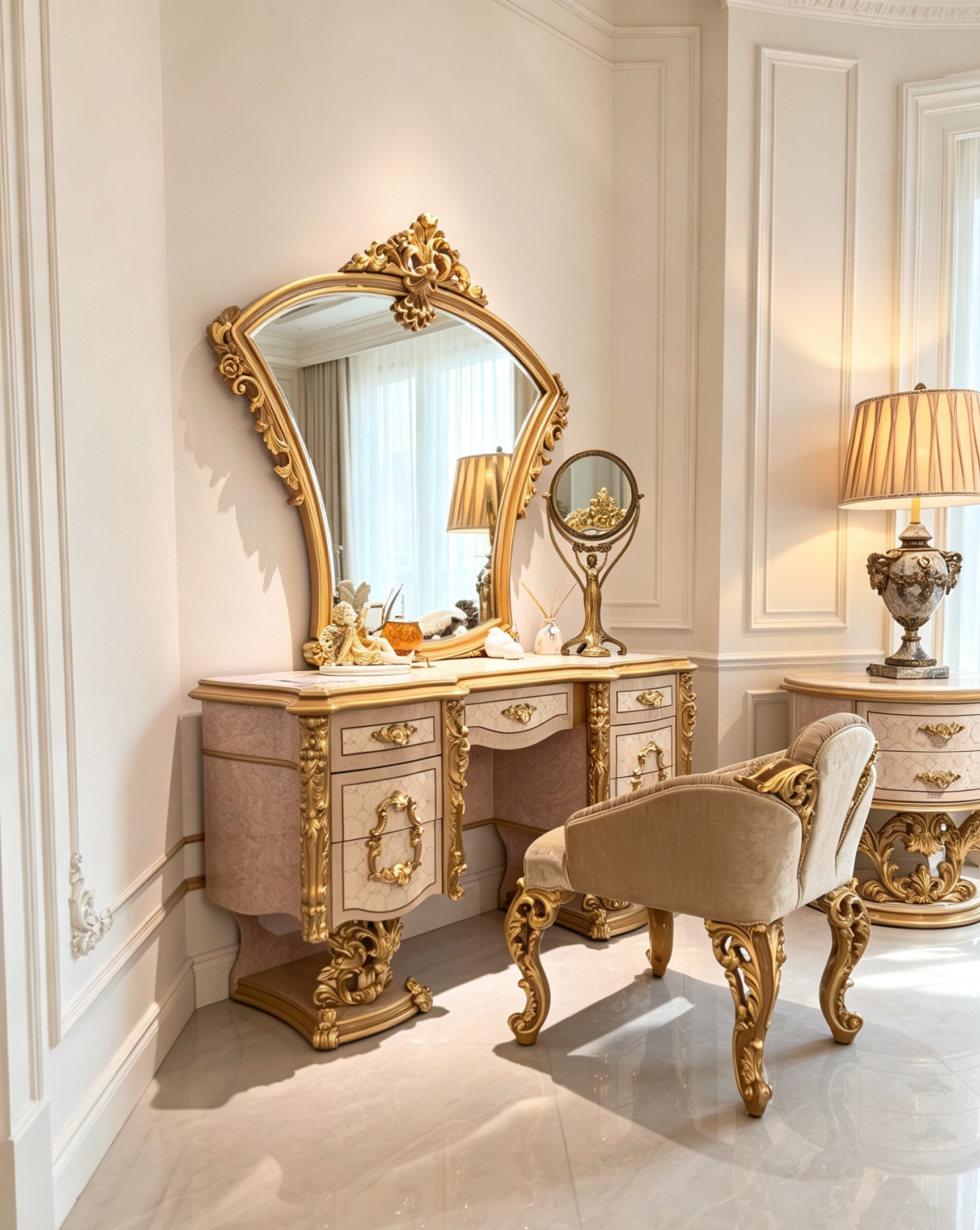 Seraphine French Imperial dressing table and stool set, hand-carved European beechwood with traditional gold gilt finish - GrandLiving Luxe