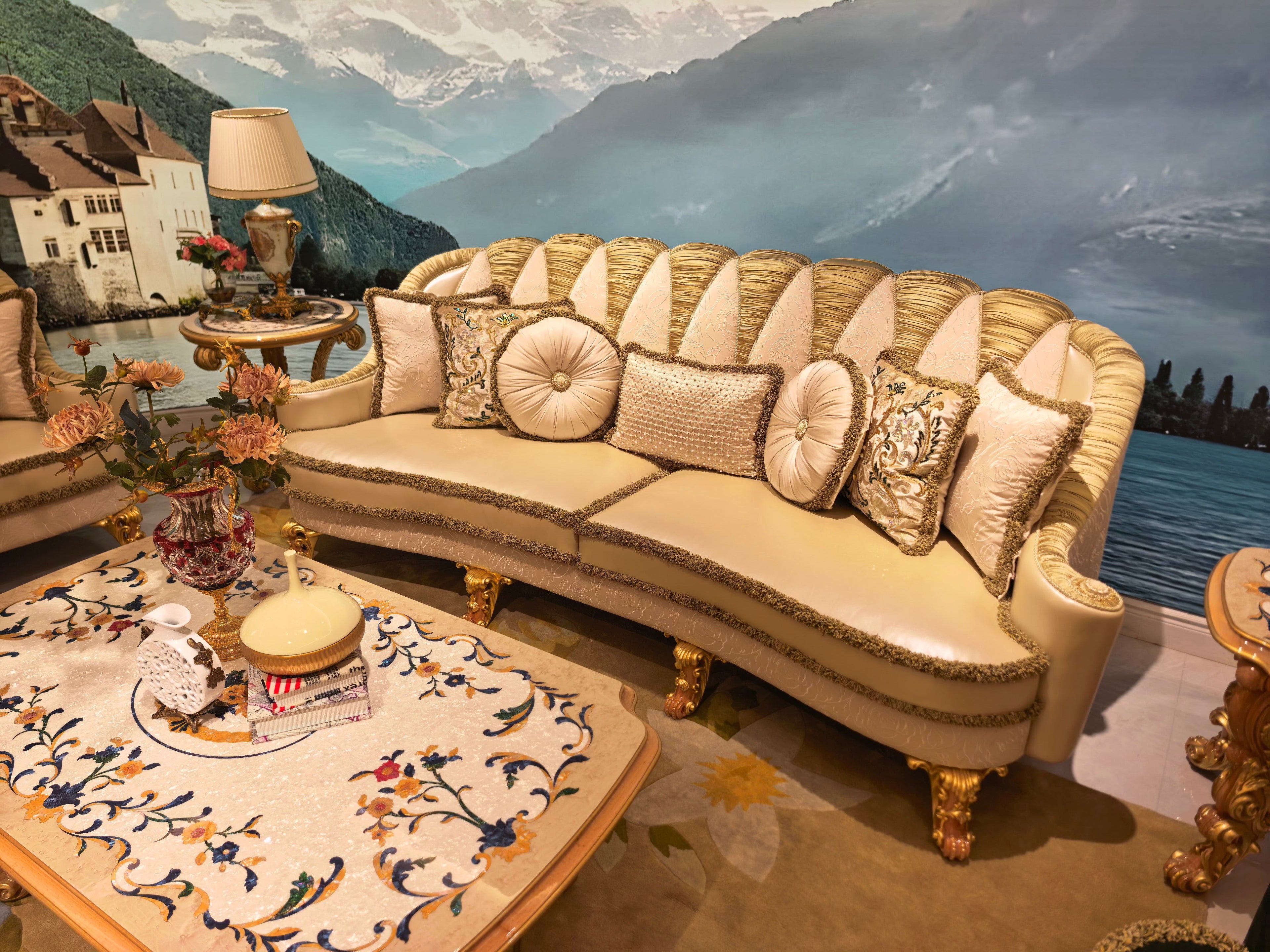 Charlotte French Imperial sofa frame detail, hand-carved gold gilt finish - GrandLiving Luxe