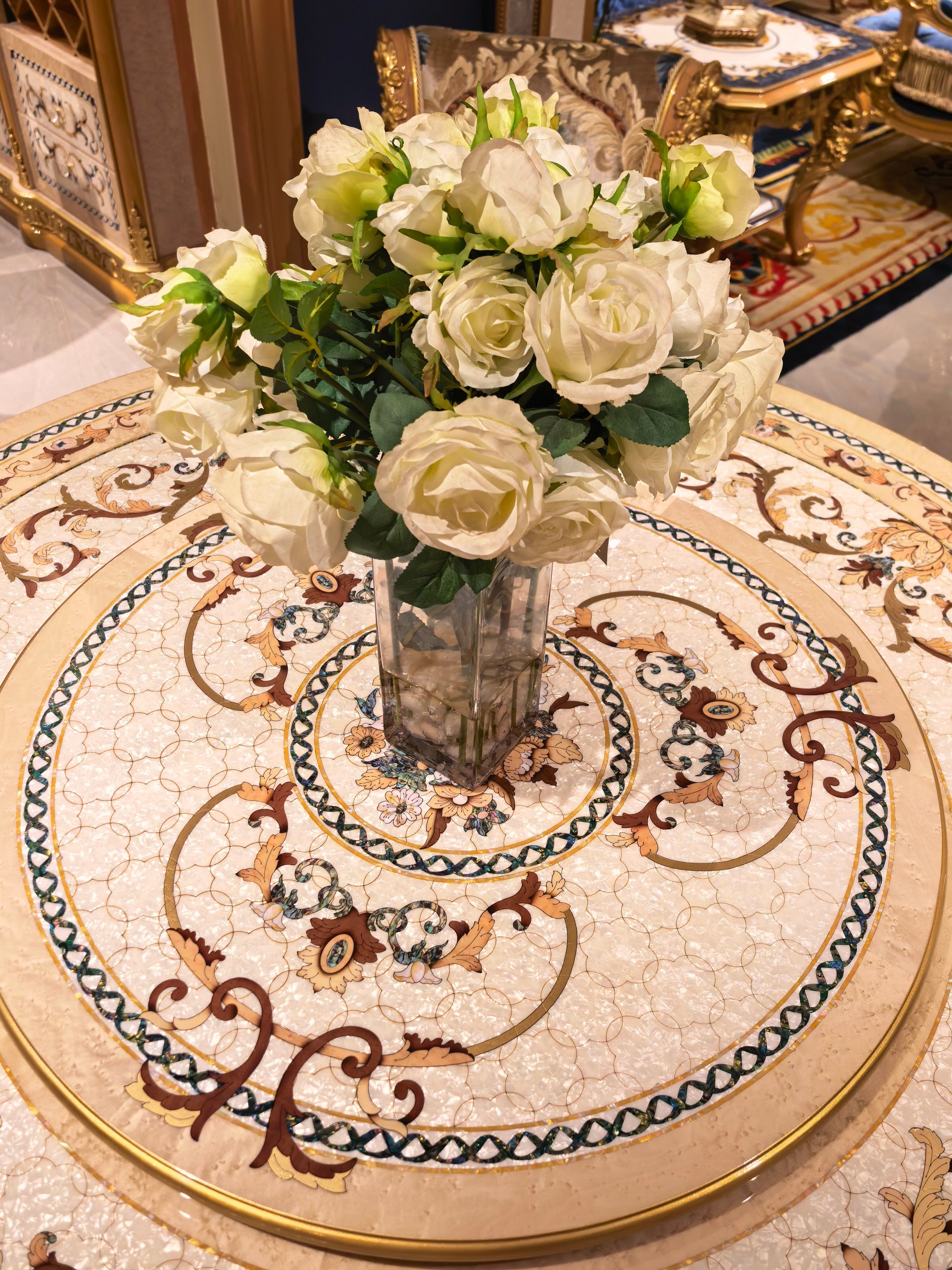 Valentine French Imperial dining table shell inlay tabletop detail - GrandLiving Luxe