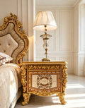 Noelle French Imperial bedside table styled with matching Imperial gold gilt bed - GrandLiving Luxe