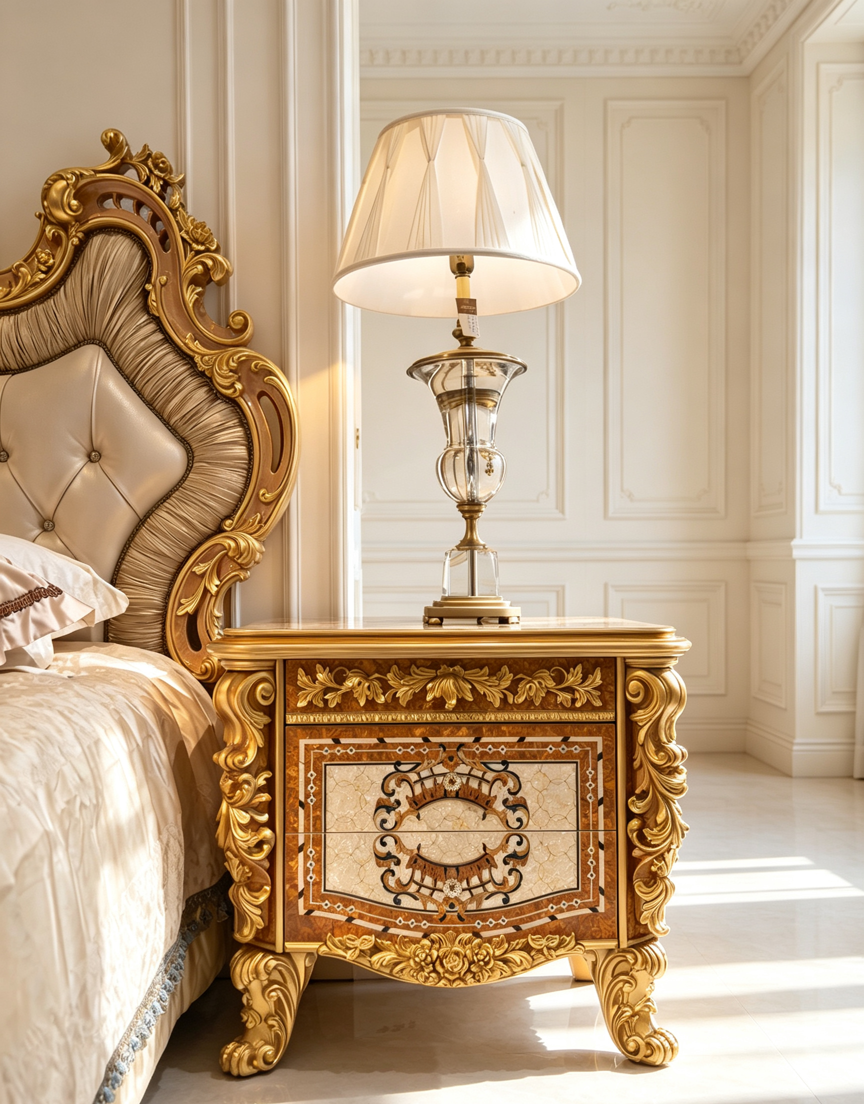Noelle French Imperial bedside table styled with matching Imperial gold gilt bed - GrandLiving Luxe