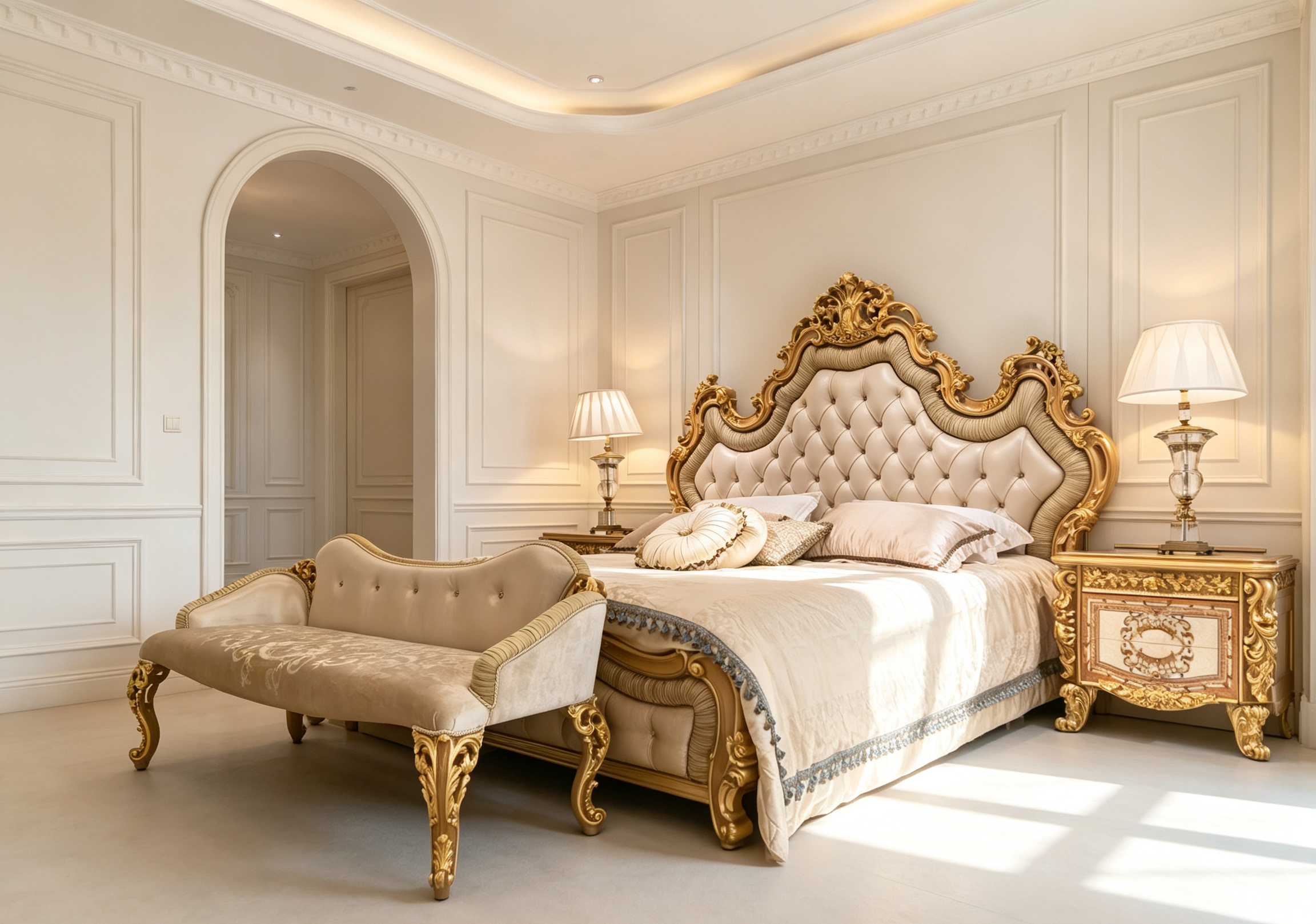 Vivienne French Imperial bed, hand-carved European beechwood with traditional gold gilt finish - GrandLiving Luxe