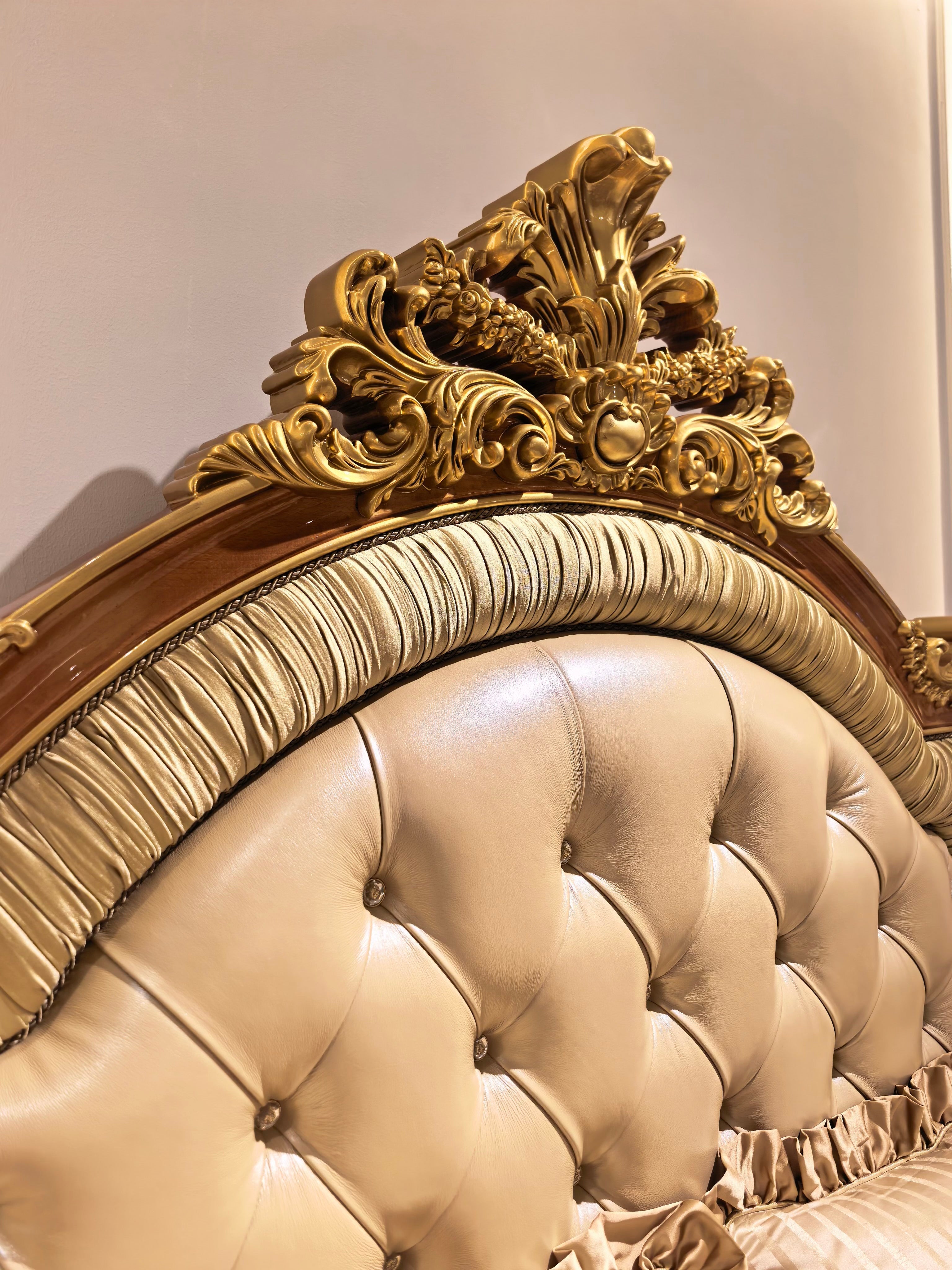Adeline French Imperial bed headboard detail, traditional gold gilt hand-carving - GrandLiving Luxe