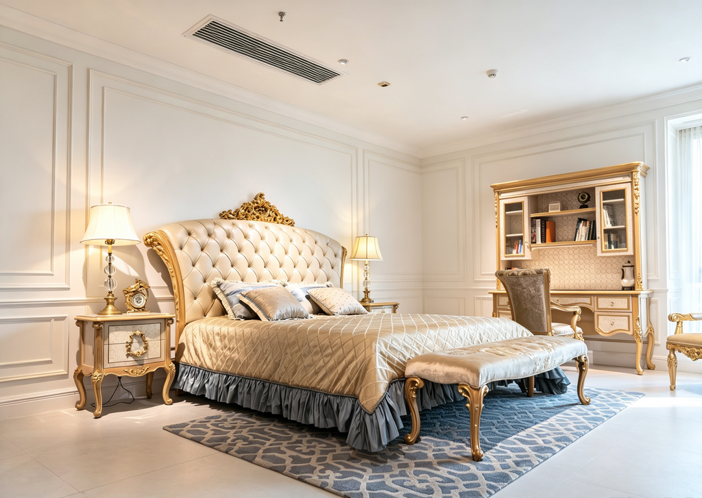 Céleste French Imperial bed, hand-carved European beechwood with traditional gold gilt finish - GrandLiving Luxe