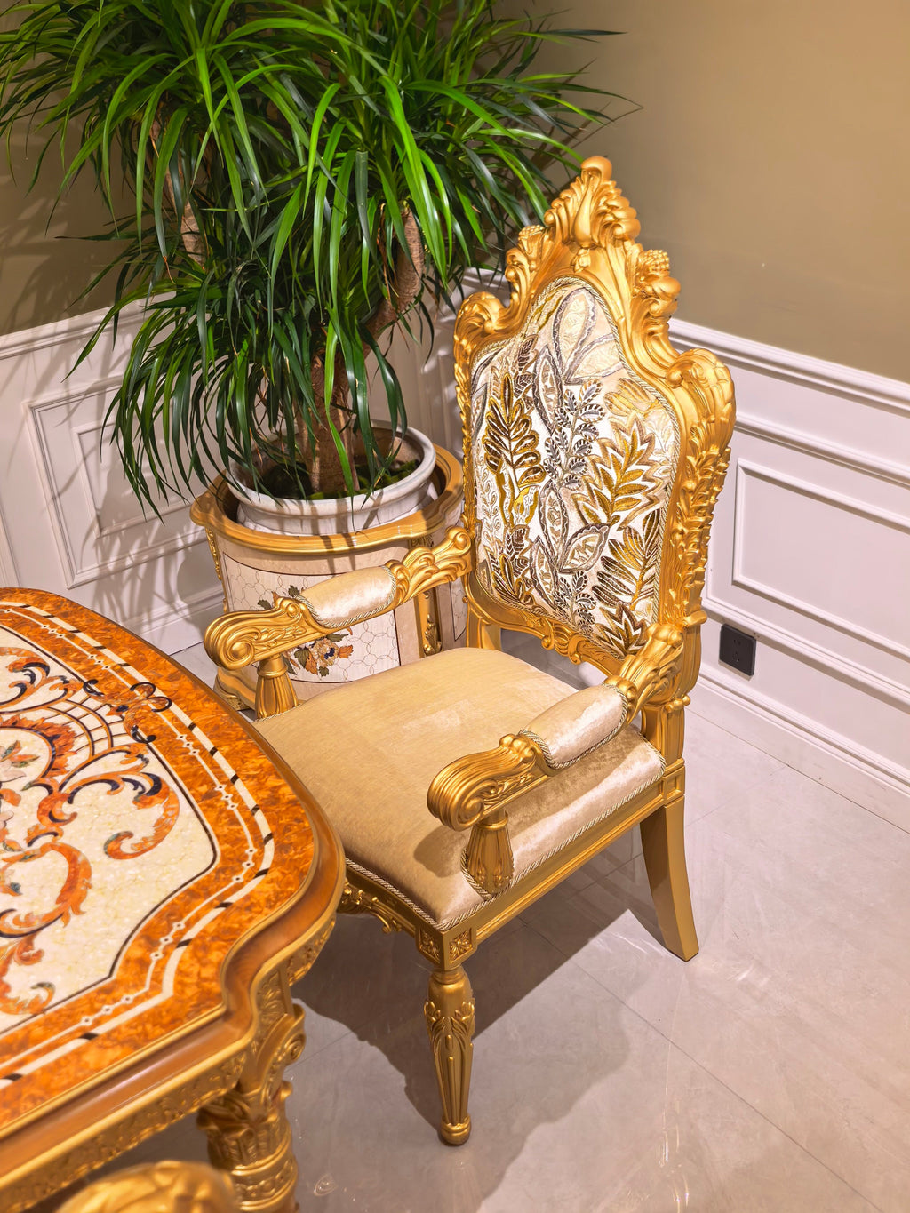 Perrine French Imperial dining chair styled with matching Imperial dining table - GrandLiving Luxe