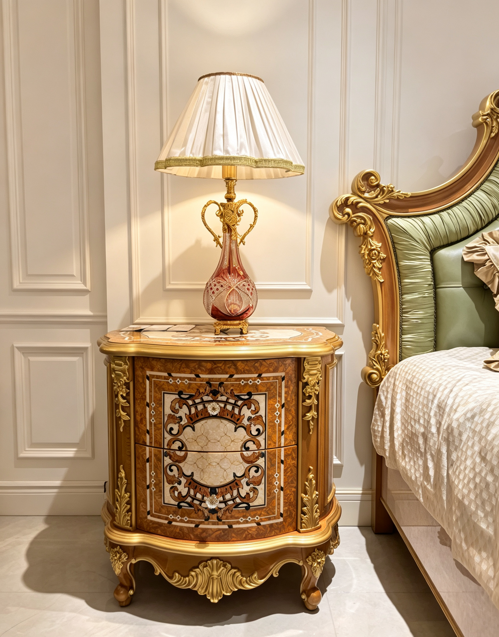 Colette French Imperial bedside table, hand-carved European beechwood with traditional gold gilt finish - GrandLiving Luxe
